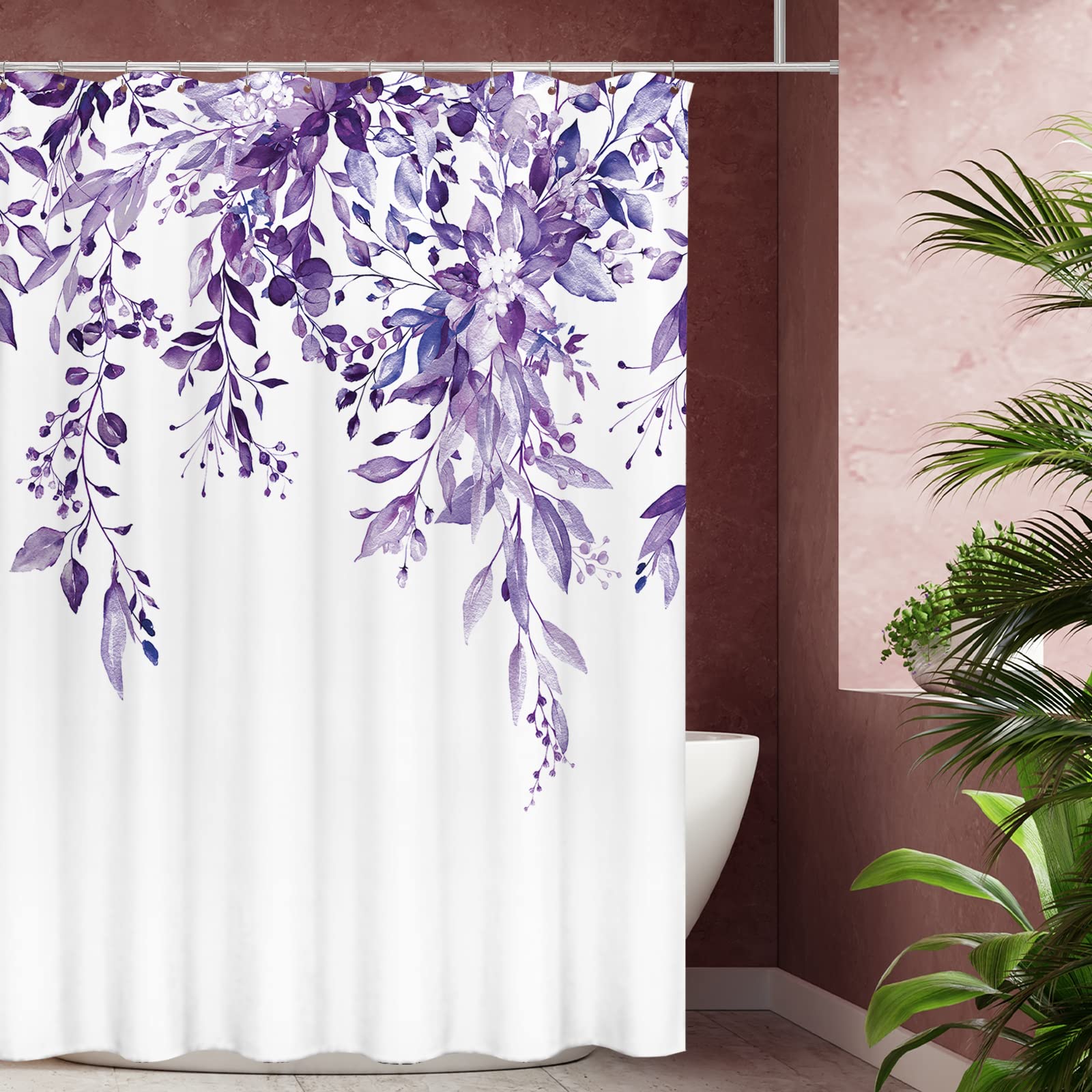 Tititex Purple Eucalyptus Shower Curtain Sets, Watercolor Leaves On The Top Plant With Floral Bathroom Decoration 72X84 Inch Wit