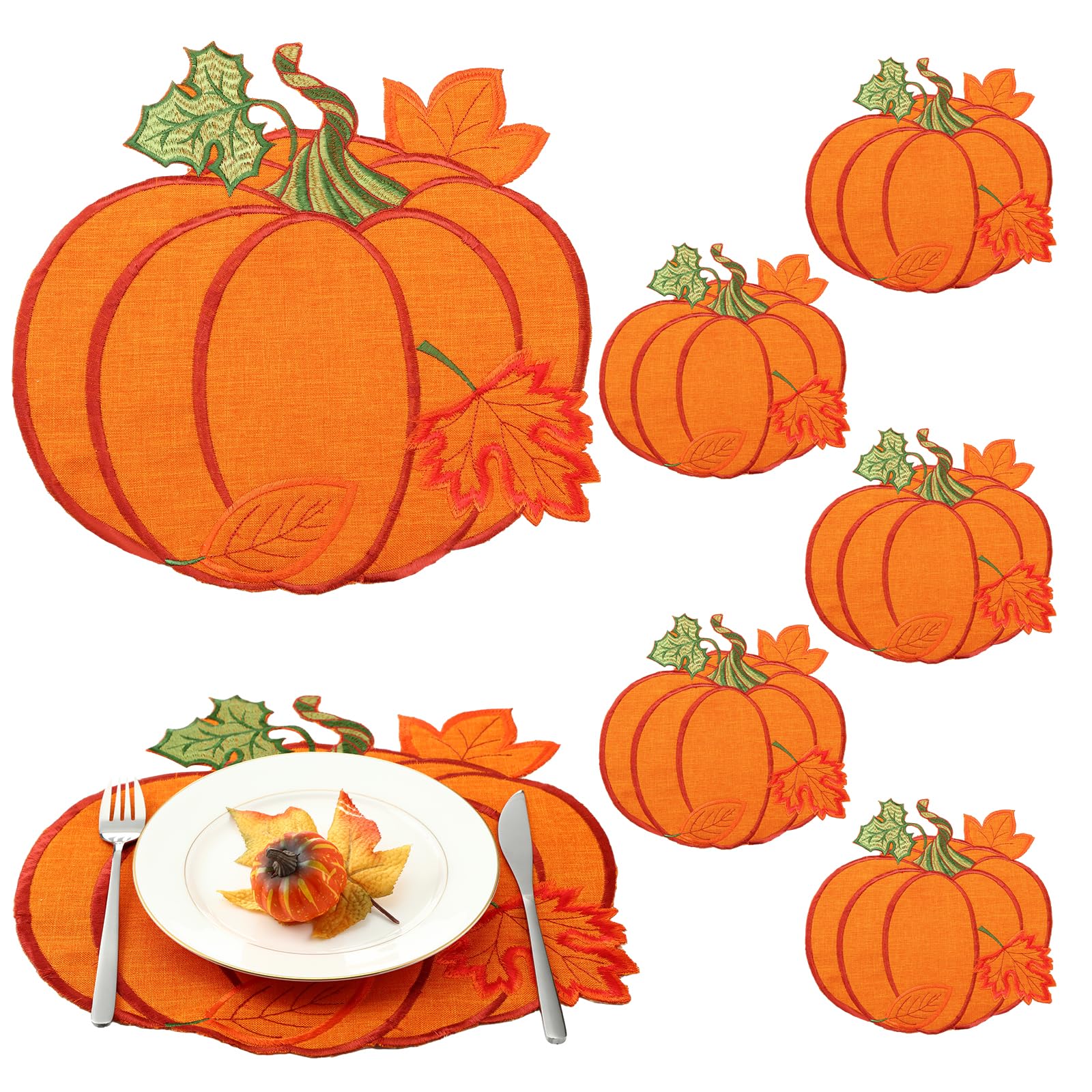 Yingzhao 6 Pcs Fall Pumpkin Placemats Autumn Thanksgiving Harvest Orange Table Placemats Embroidered 14 Round Decorative Place