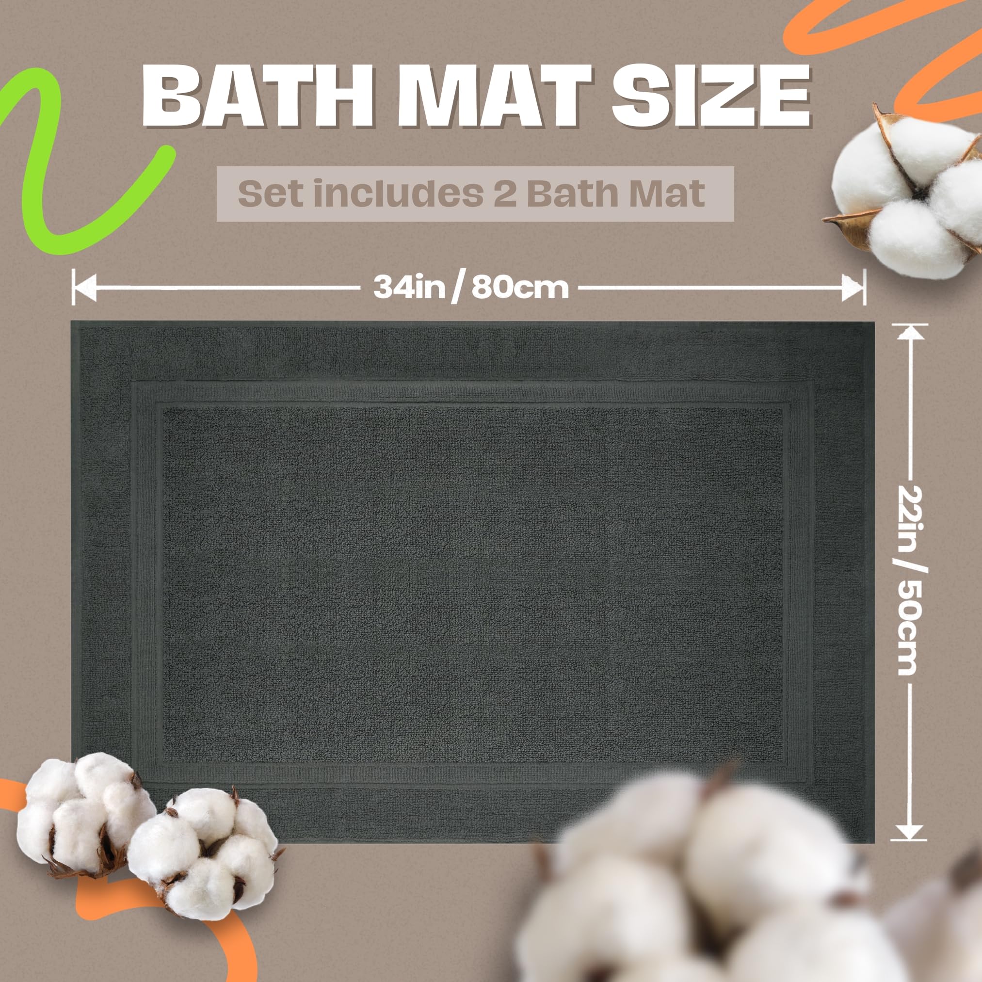 Infinitee Xclusives Premium Cotton Banded Grey Bath Mats - Pack of 2  22x34 Inches [Not a Bathroom Rug] Ultra Soft and Super Absorbent Floor Mat  Machine Washable Bath Mat for Bathroom