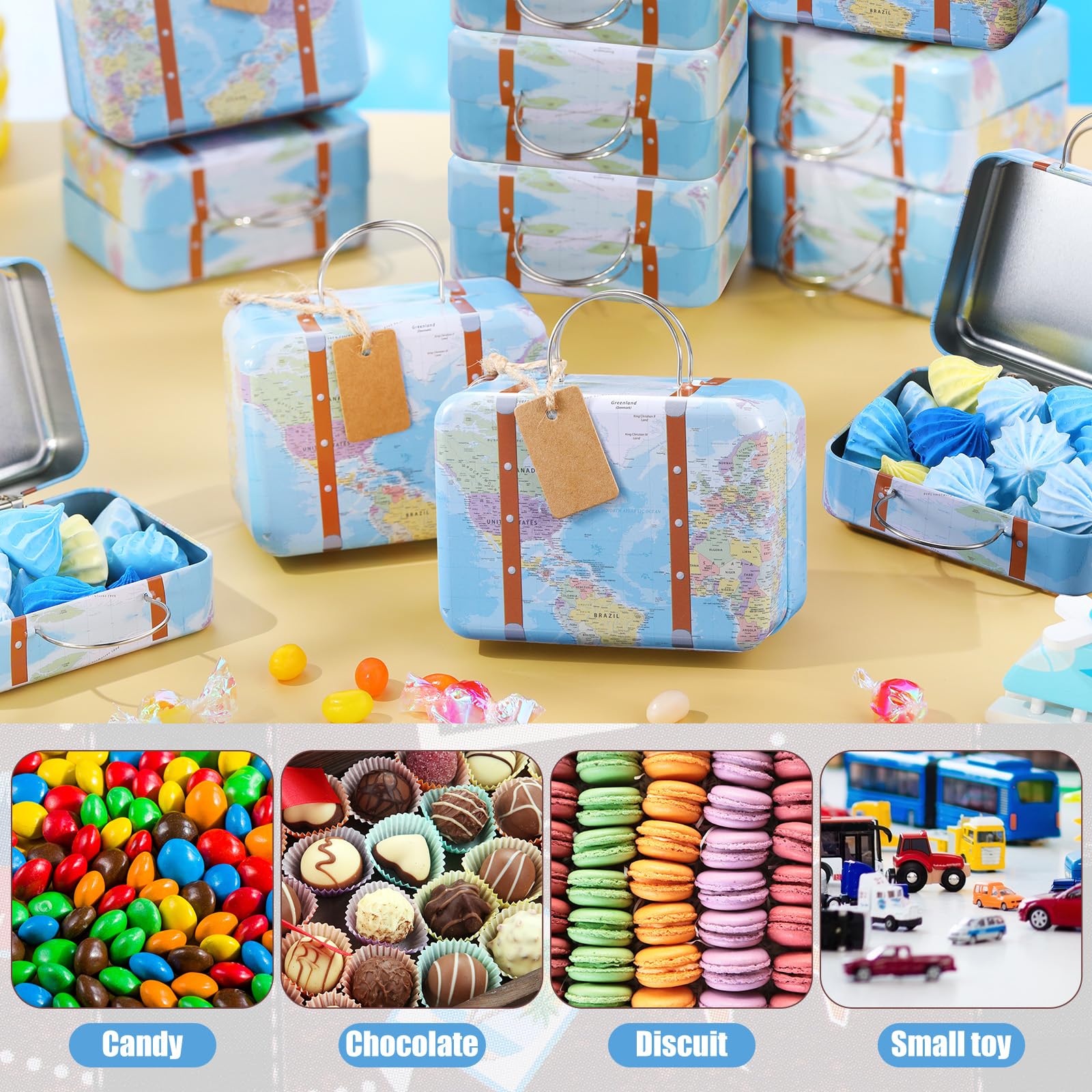 24 Pieces Mini Suitcase Boxes, Tin Plate Candy Party Favor Gift, Small Suitcase Box for Party Wedding Travel Bride Shower Decora
