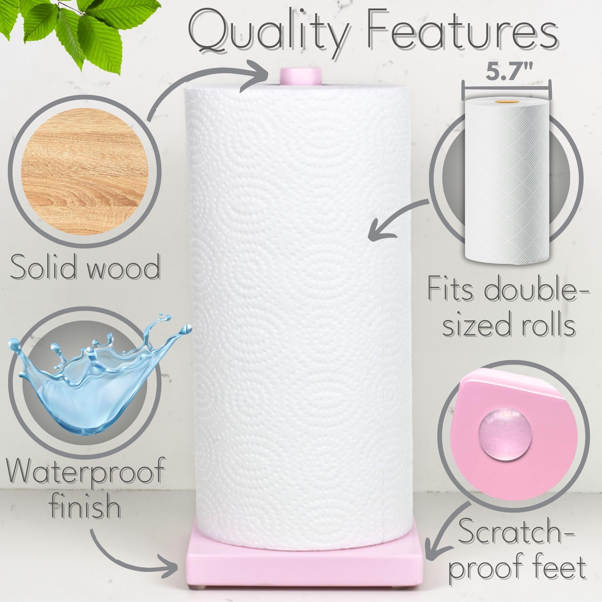 House Perfect Pink Paper Towel Holder - Wood Paper Towel Holder Stand - Great For Kitchen Counters & Bathrooms - Suits Paper Tow