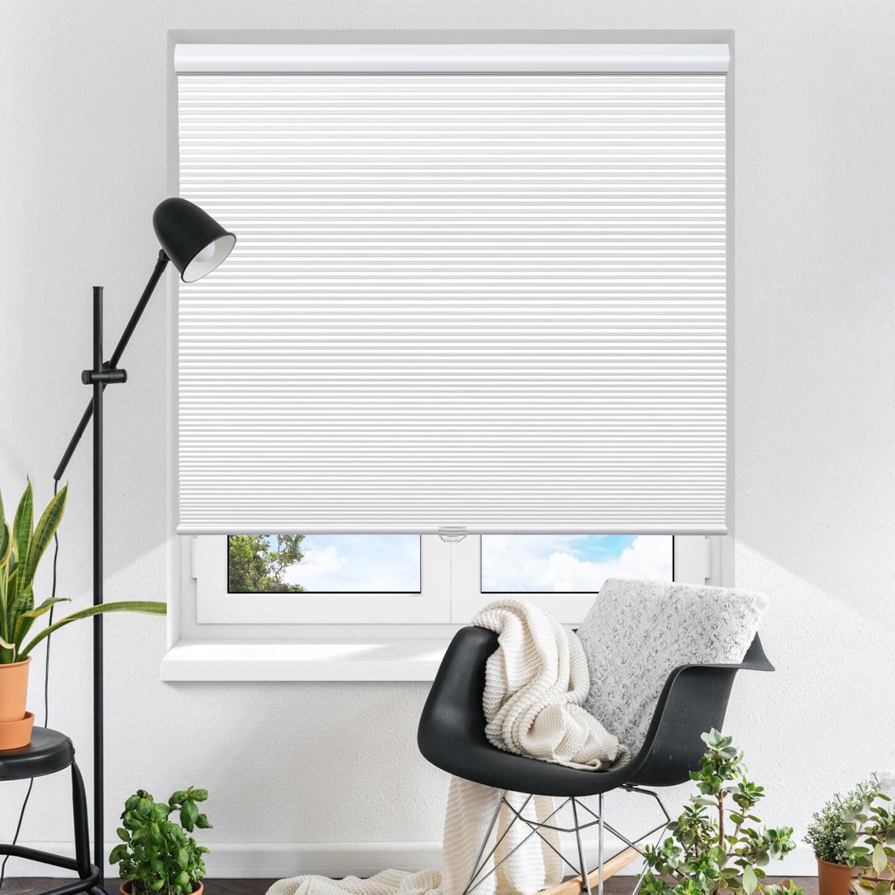 Cellular Shades Cordless Blackout Honeycomb Blinds Fabric Window Shades White(Blackout), 36  W x 64  H