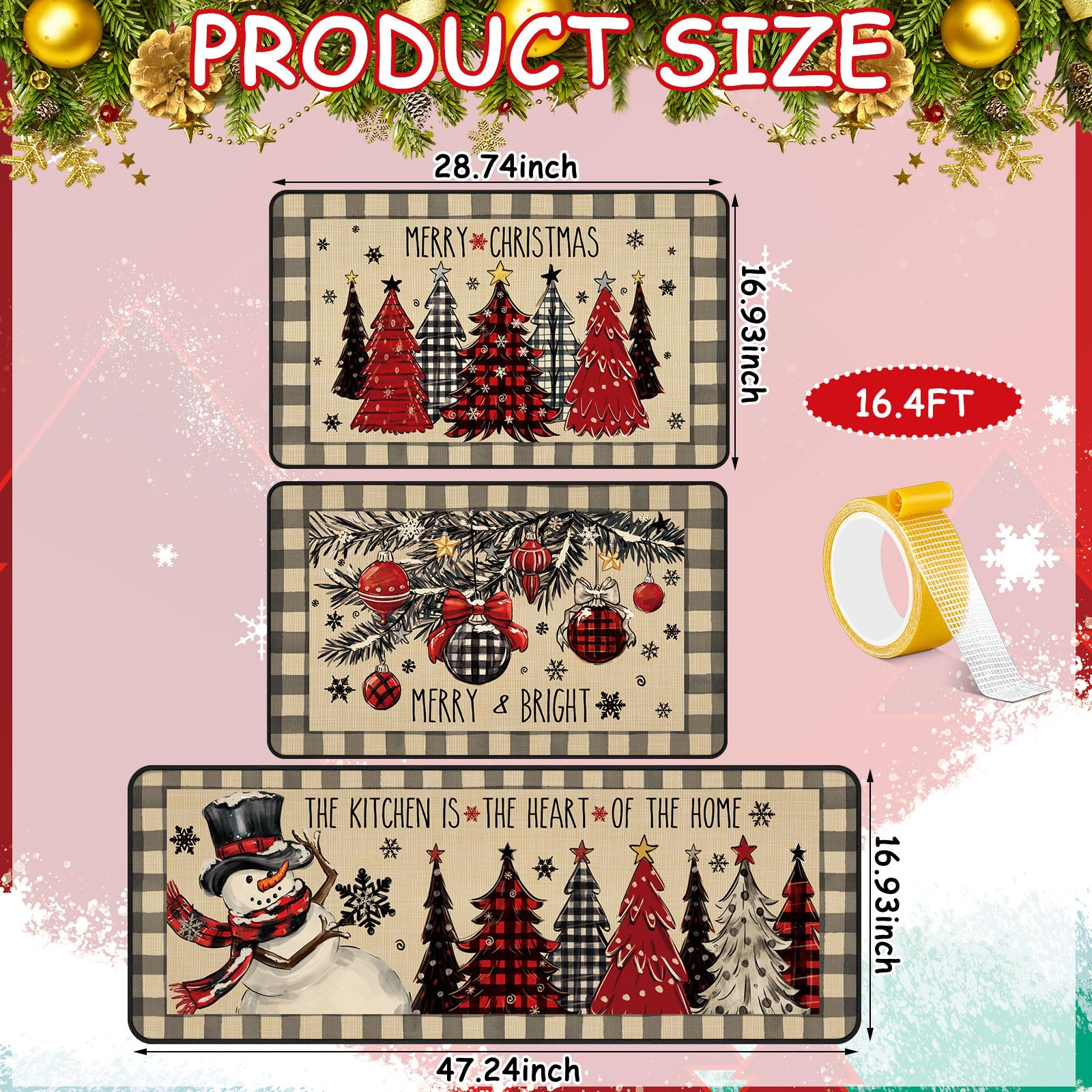 Drydiet 3 Pcs Christmas Kitchen Rug and Mat Set Washable Buffalo Plaid Xmas Tree Kitchen Floor Mats Non Slip Farmhouse Merry Chr
