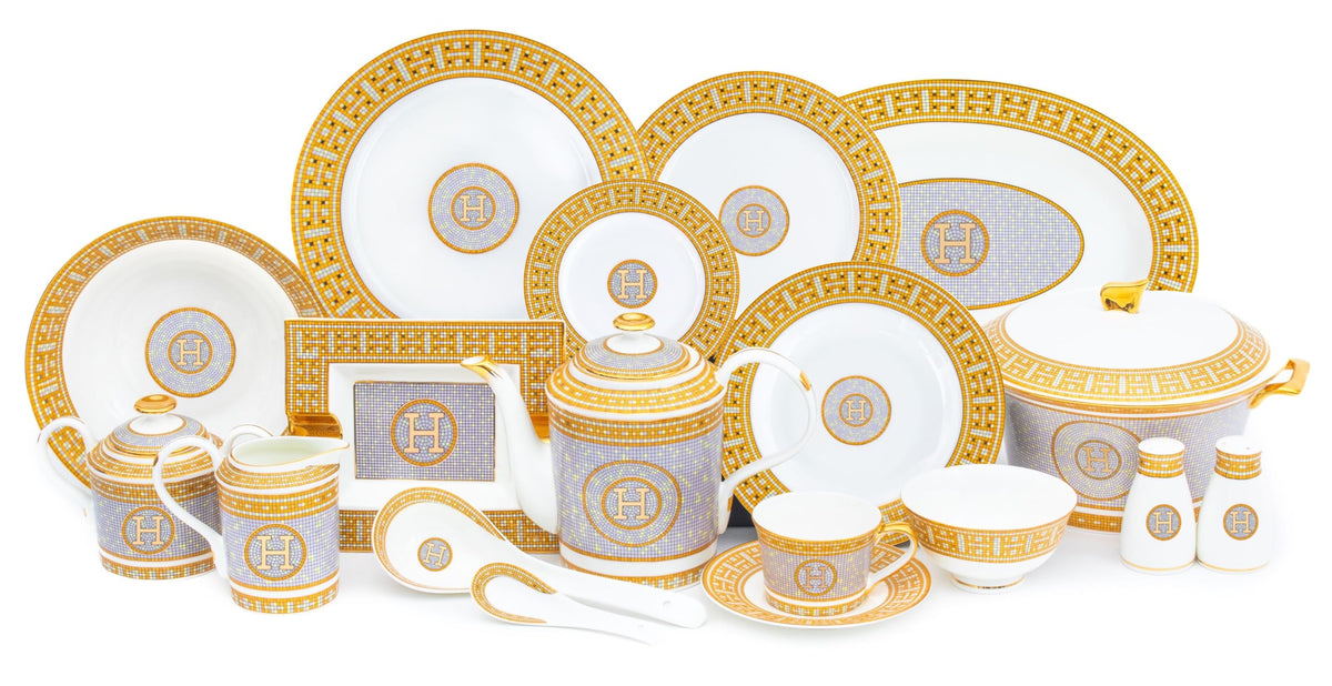 White and Gold Dinnerware Set - 58 Piece 'Mosaic' Dinner Set Luxury Bone China 24K Gold Inlays for Everyday use or Formal Occasi