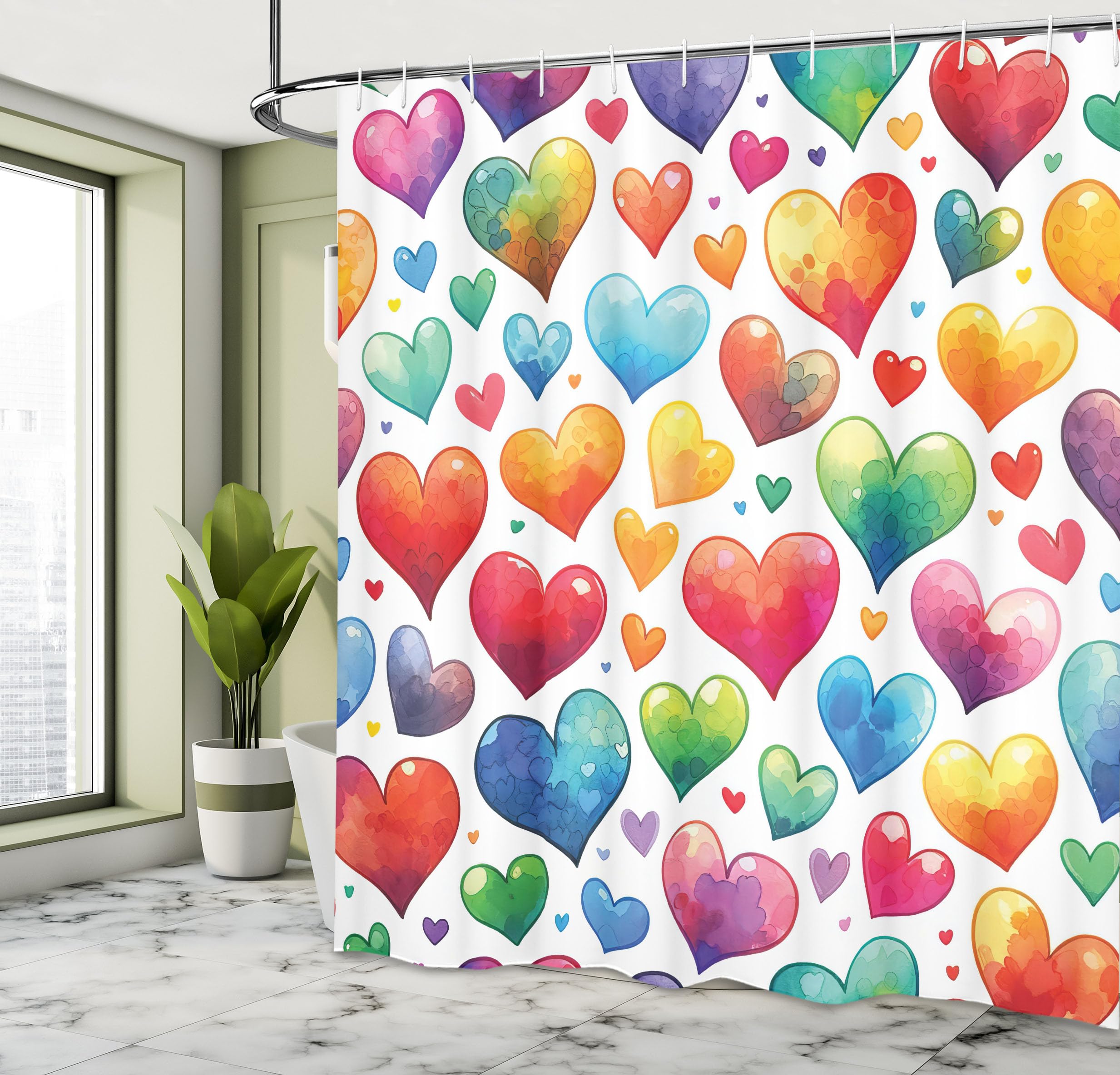 Ambesonne Colorful Shower Curtain, Retro Design Groovy Valentine'S Day Hearts Pattern On Plain Back 90S Feeling, Cloth Fabric Ba