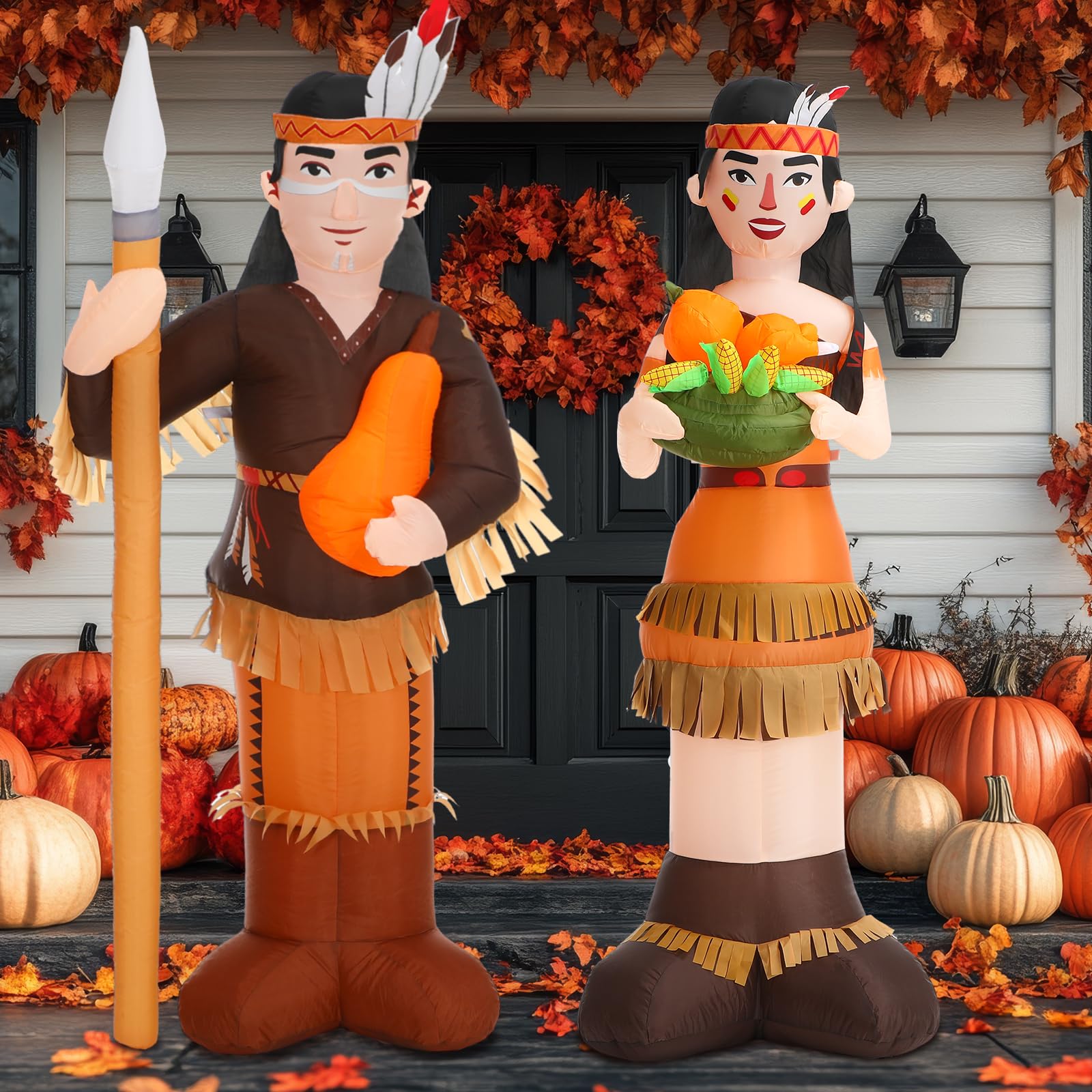 Leyndo 6ft Thanksgiving Harvest Native American Inflatable Outdoor Decorations Indian Man & Woman Combo Blow up Decoration with 