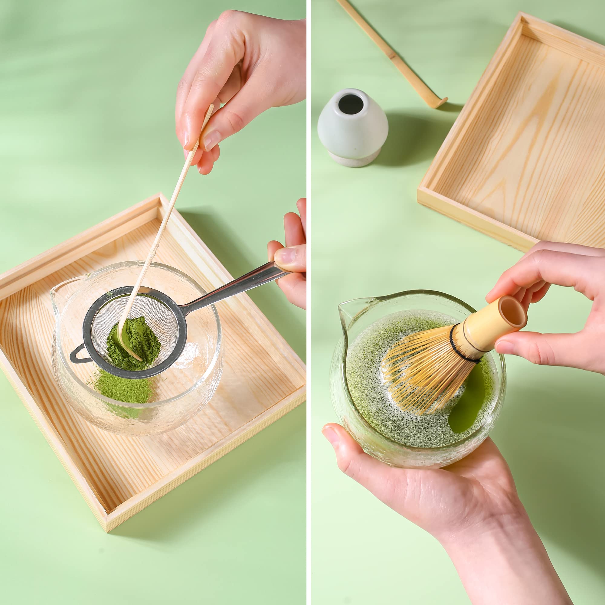 Bamboo Matcha whisk Kit  Matcha Tea Set  Bamboo Matcha Whisk and bowl (Chawan) Scoop (Chashaku)  Chasen Holder  Tea Strainer (Sifter)  Tea Towel in Wooden Case - Ideal Travel Matcha Ceremony Kit?