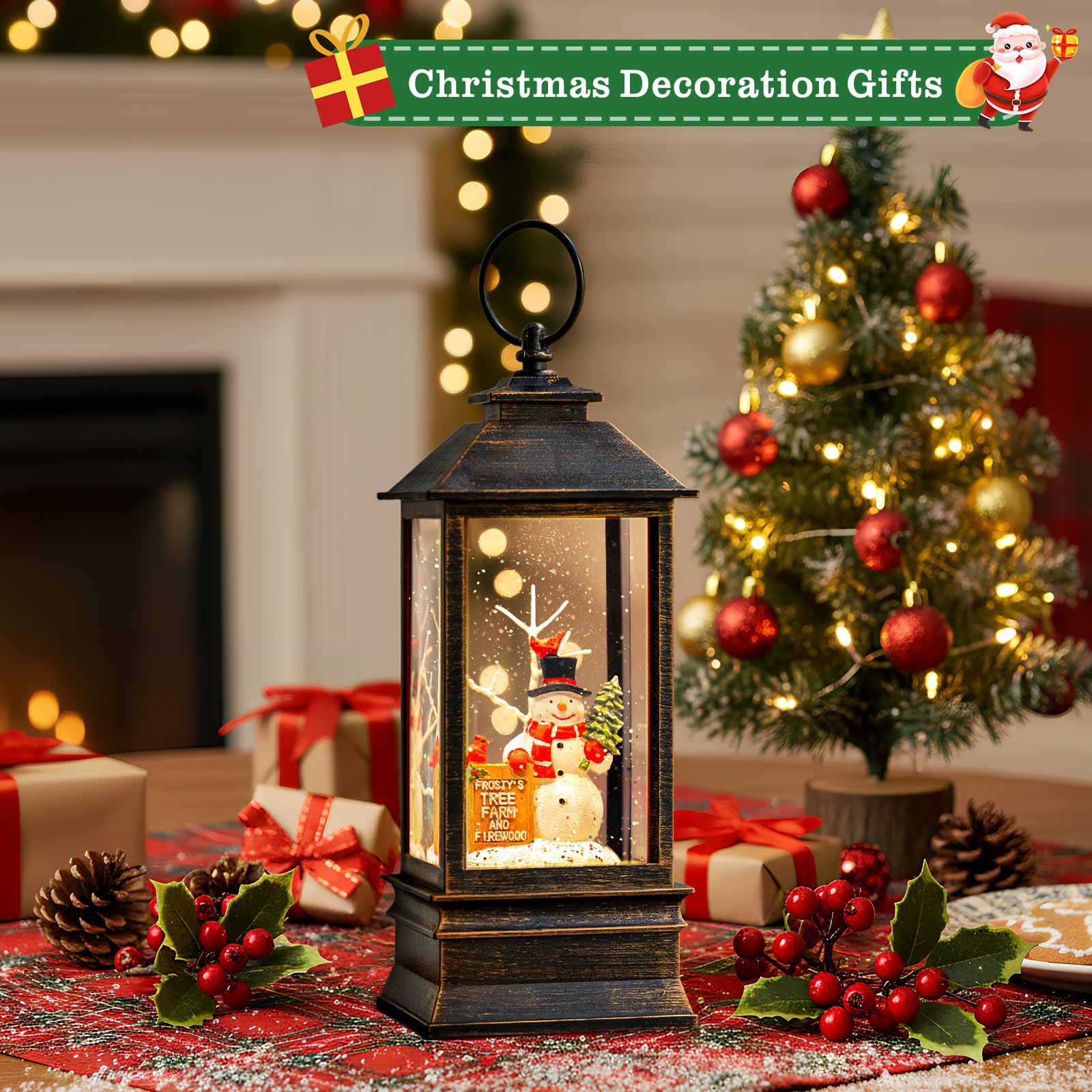 Christmas Snow Globe Lantern Musical Snowman Christmas Tree Lighted Snow Globe with Timer USB/Battery Lined Operated Swirling Gl