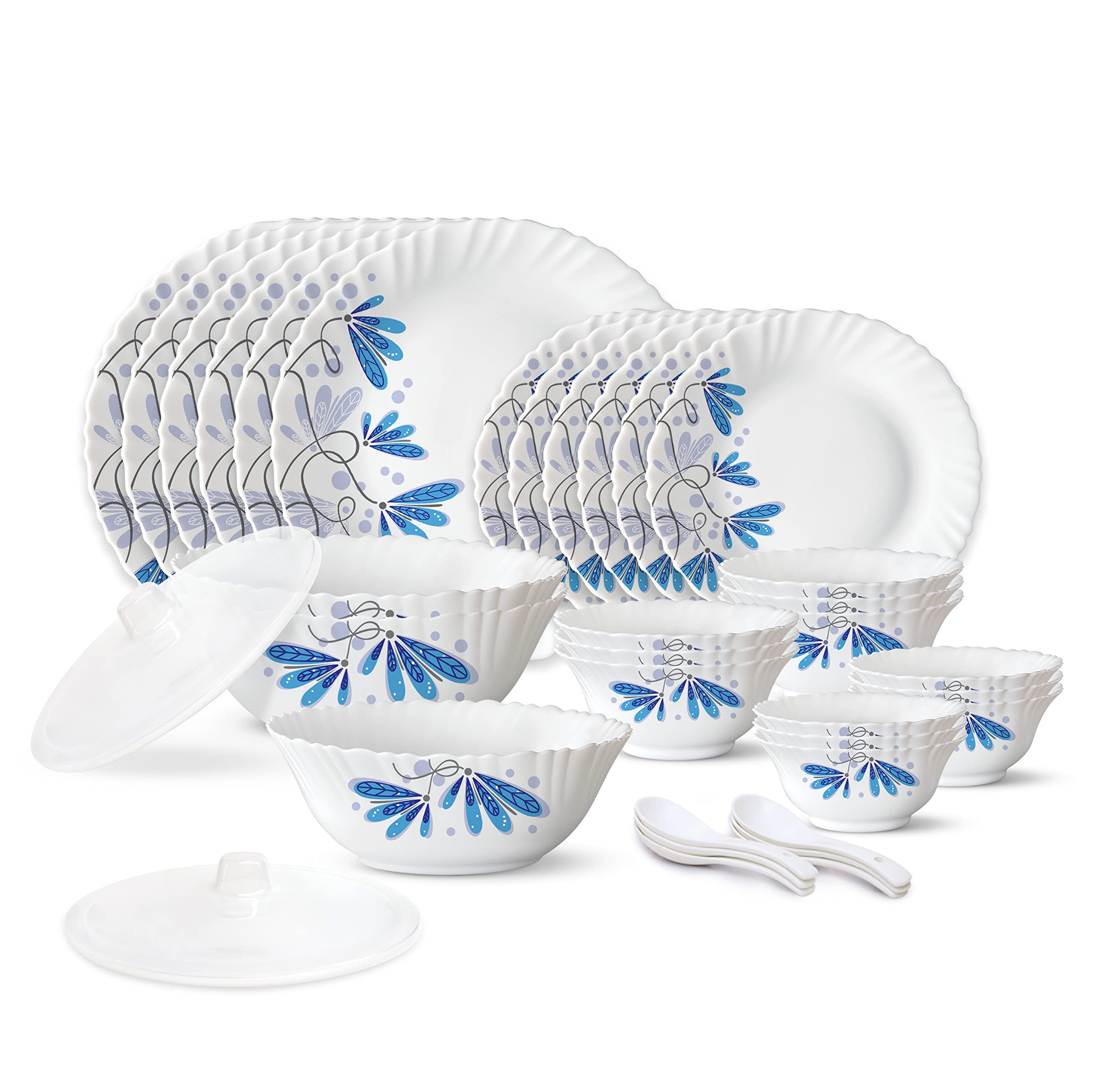 Larah by Borosil Twilight Silk Series Opalware Dinner Set | 35 Pieces for Family of 6 | Microwave & Dishwasher Safe | BoneAsh F