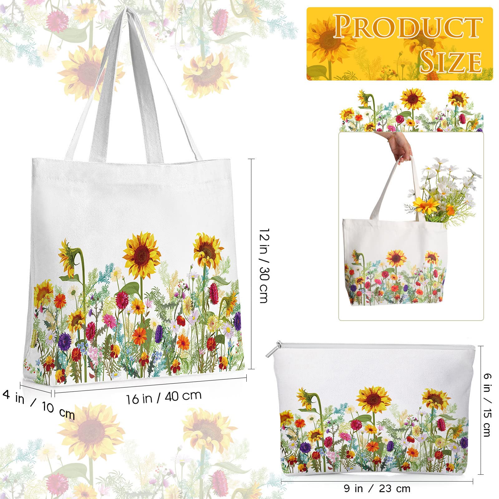 Sadnyy 2 Pcs Sunflower Canvas Tote Bags For Women Cute Aesthetic Floral Makeup Bags Gift For Valentine Shopping Travel Work Gym