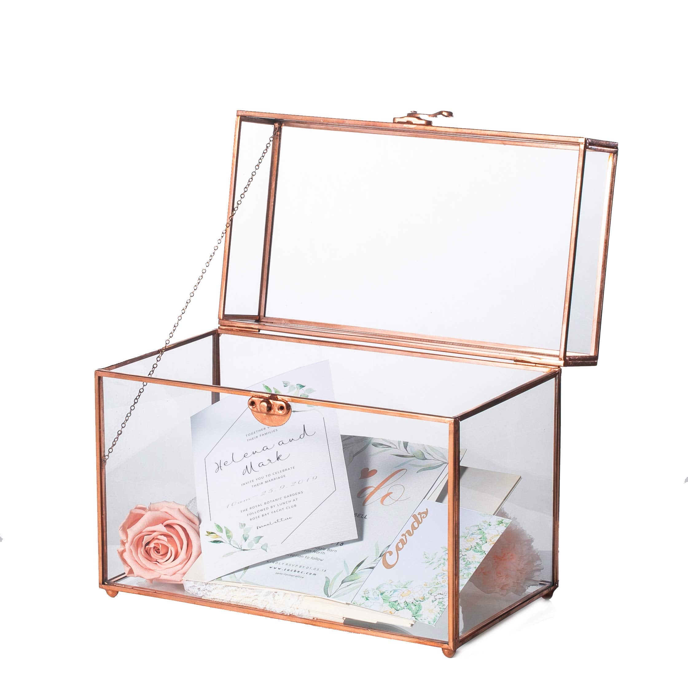NCYP 9.8x5.6x7.7 Inches Glass Box with Foot for Wedding, Party Reception - Rose Gold Rectangular Glass Card Holder, Home Tableto