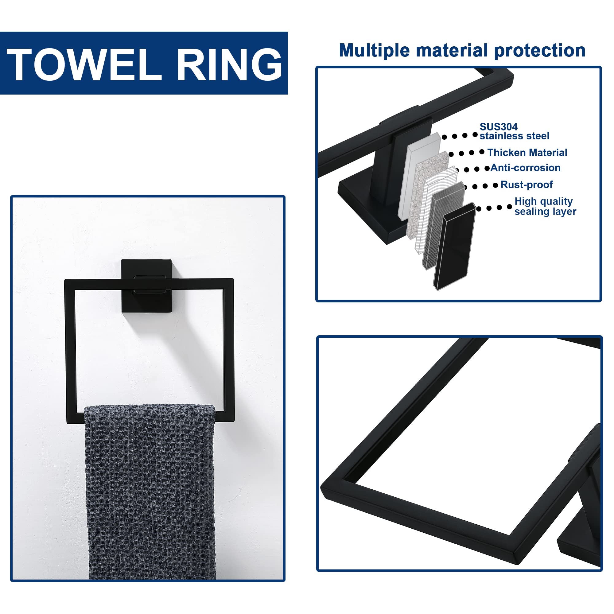 Matte Black 5 Piece Bathroom Hardware Set - 24'' Sus304 Stainless Steel Square Towel Rack With Wall Mount Option