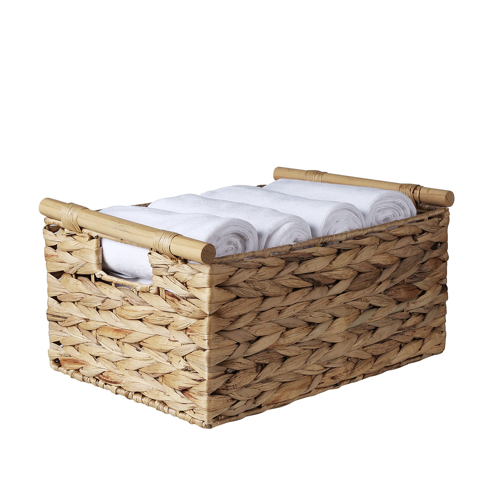 Bstnasi Large Rectangular Wicker Basket With Built-In Wooden Handles, Water Hyacinth Woven Basket For Organizing, Utility Shelve