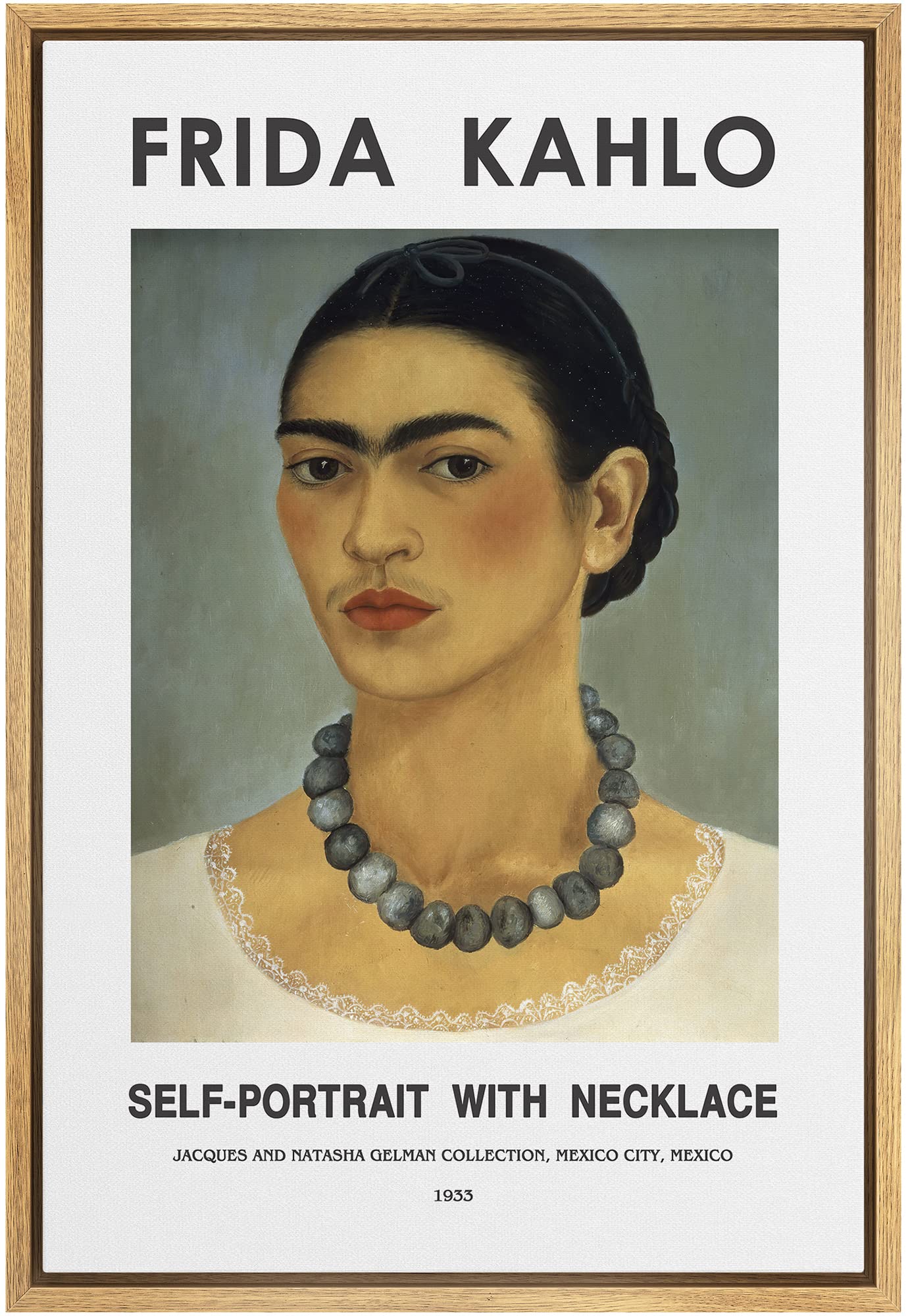 Idea4Wall Framed Canvas Print Wall Art Self-Portrait With Necklace By Frida Kahlo Historic Cultural Illustrations Fine Art Tradi