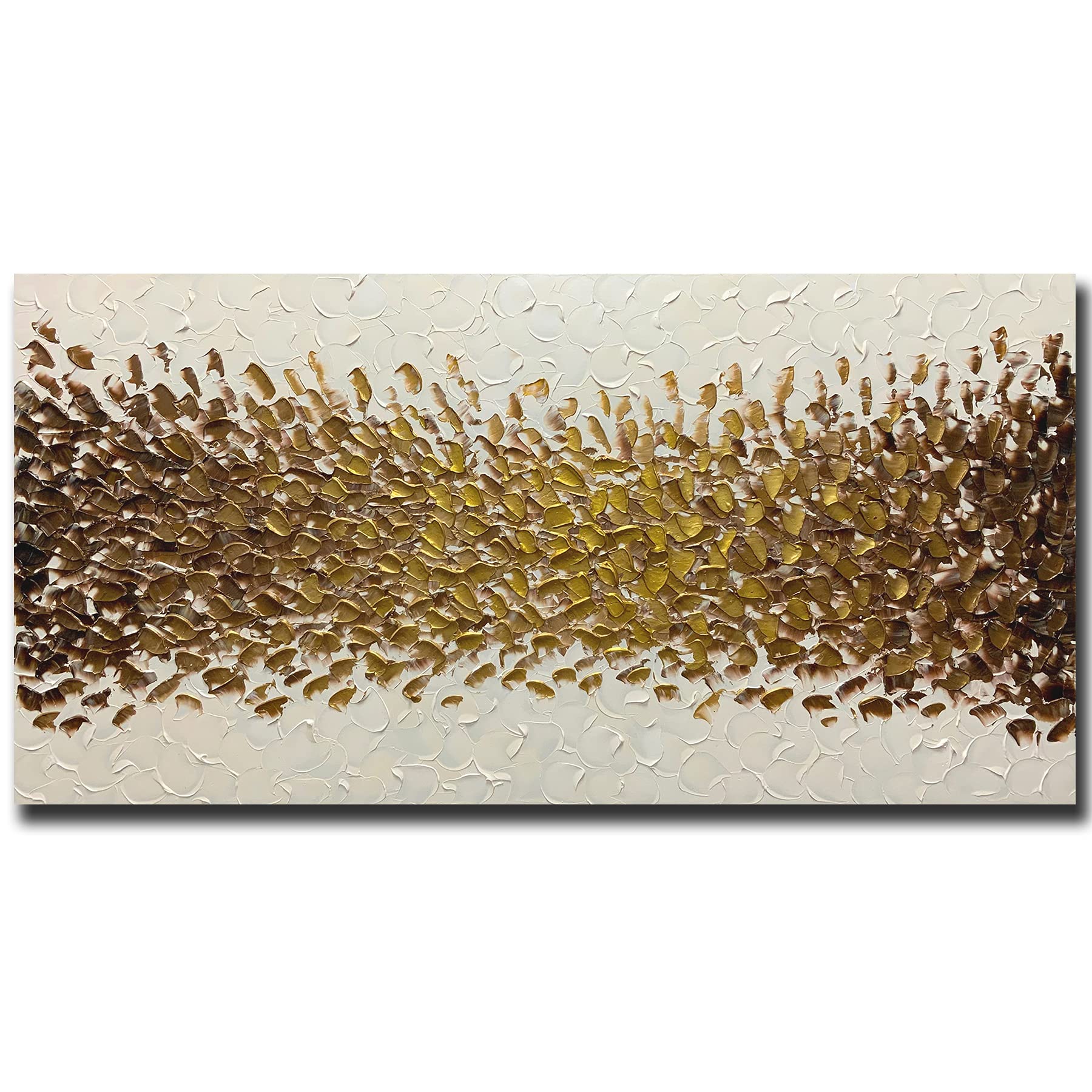 Azavy Art,24X48 Inch Hand-Painted Gold Cream White Oil Painting Textured Abstract Horizontal Wall Art Contemporary Artwork Wrapp