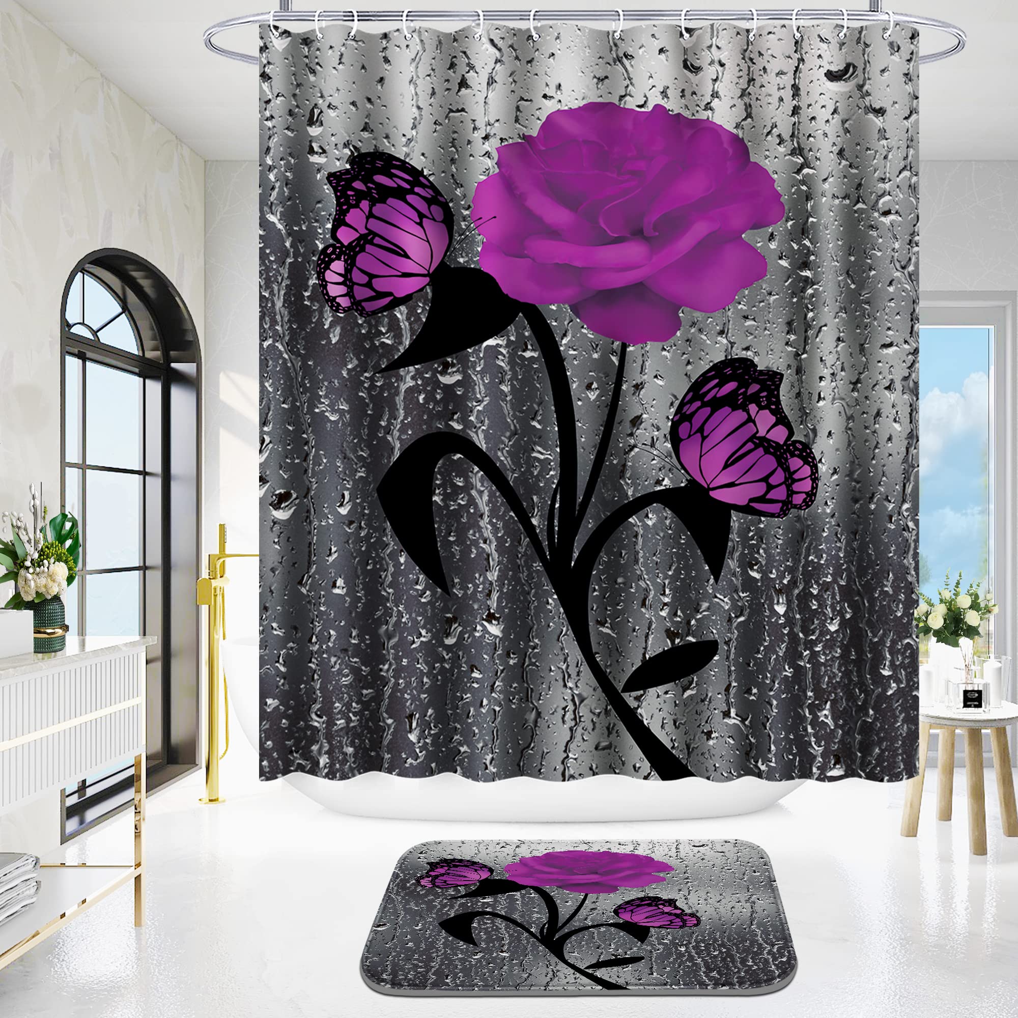 Poedist 4 Pcs Bathroom Shower Curtain Set,Purple Rose Valentine'S Day Shower Curtain Sets With Rugs(Bath Mat,U Shape And Toilet