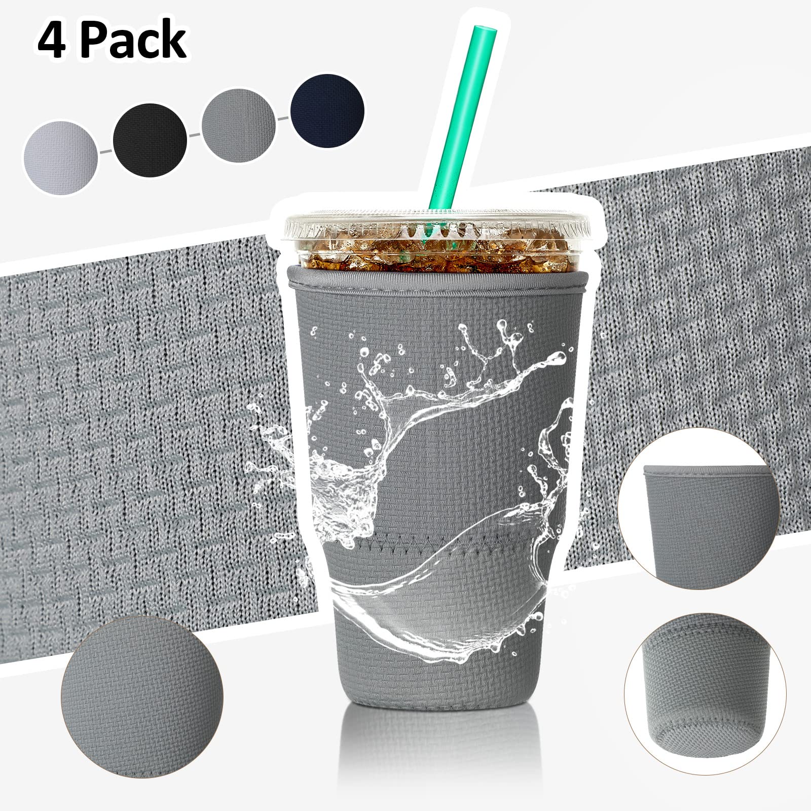 Patelai 4 Pieces Reusable Iced Coffee Sleeve Cup Insulator For Cold Drinks Beverages And Holder For Most Coffee (30-32 Oz Large,