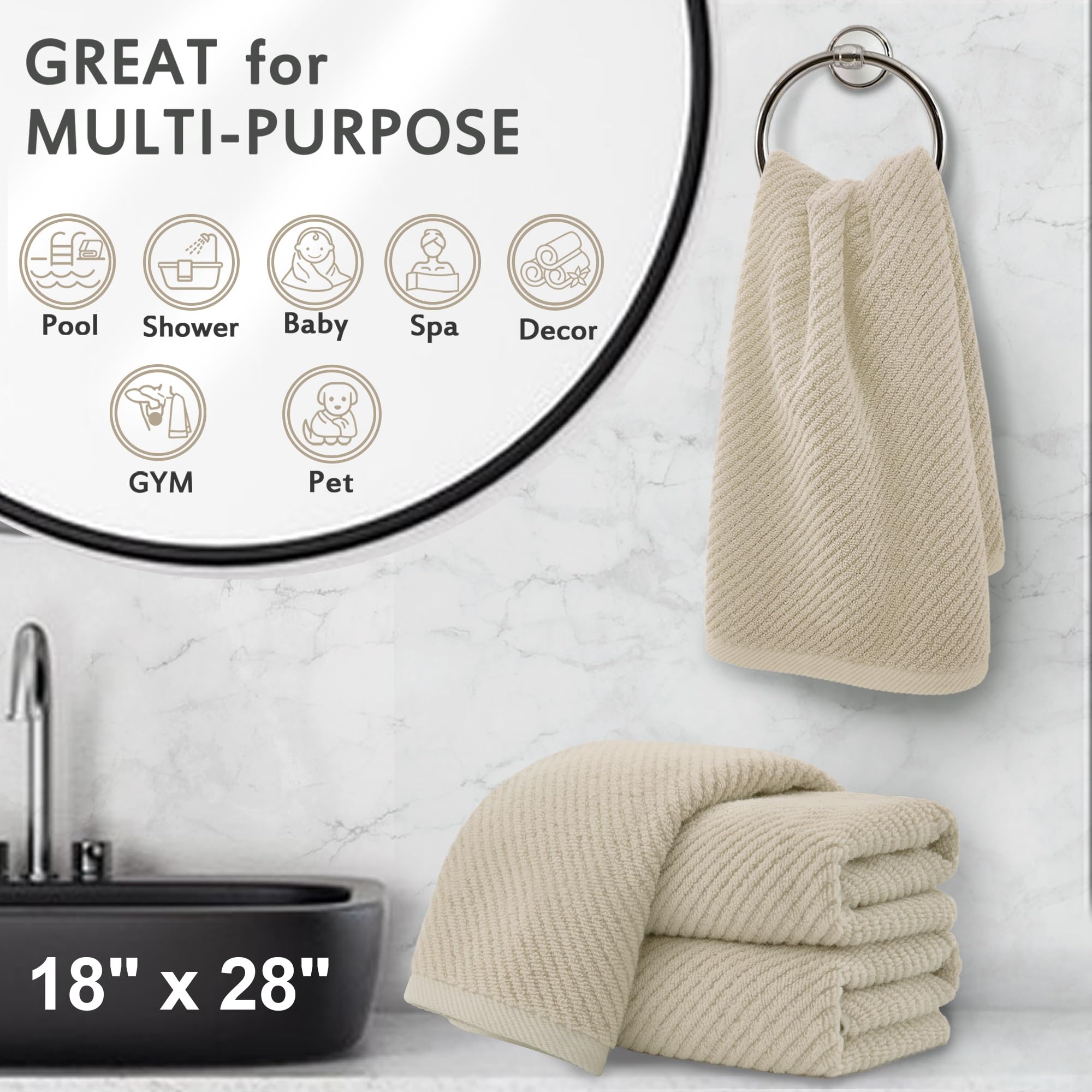 Voova & Movas Bathroom Hand Towels Set Of 4 - Large 18''X28'' | 100% Cotton | Lightweight | Thick | Quick Dry | Soft | Absorb, H