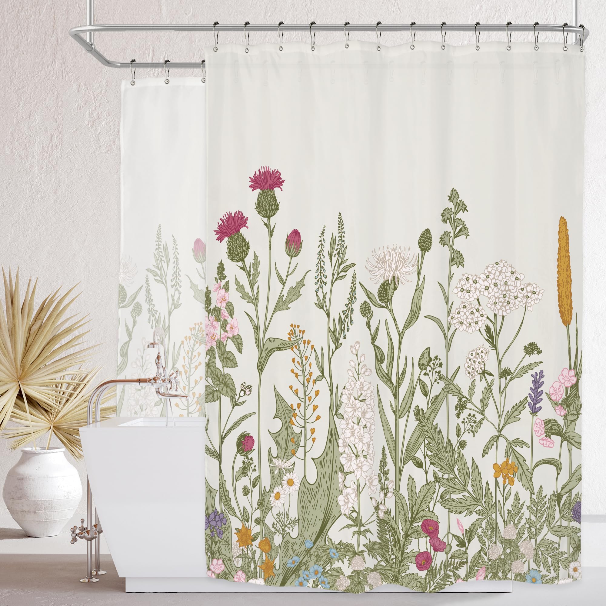 Riyidecor Clawfoot Tub Extra Wide Shower Curtain 180Wx70H Inch Wrap All Around Circular Round Floral Wildflower Botanical Tulip Plants Ivy Herbs Decor Bathroom Polyester Waterproof Metal Hooks 32 Pack