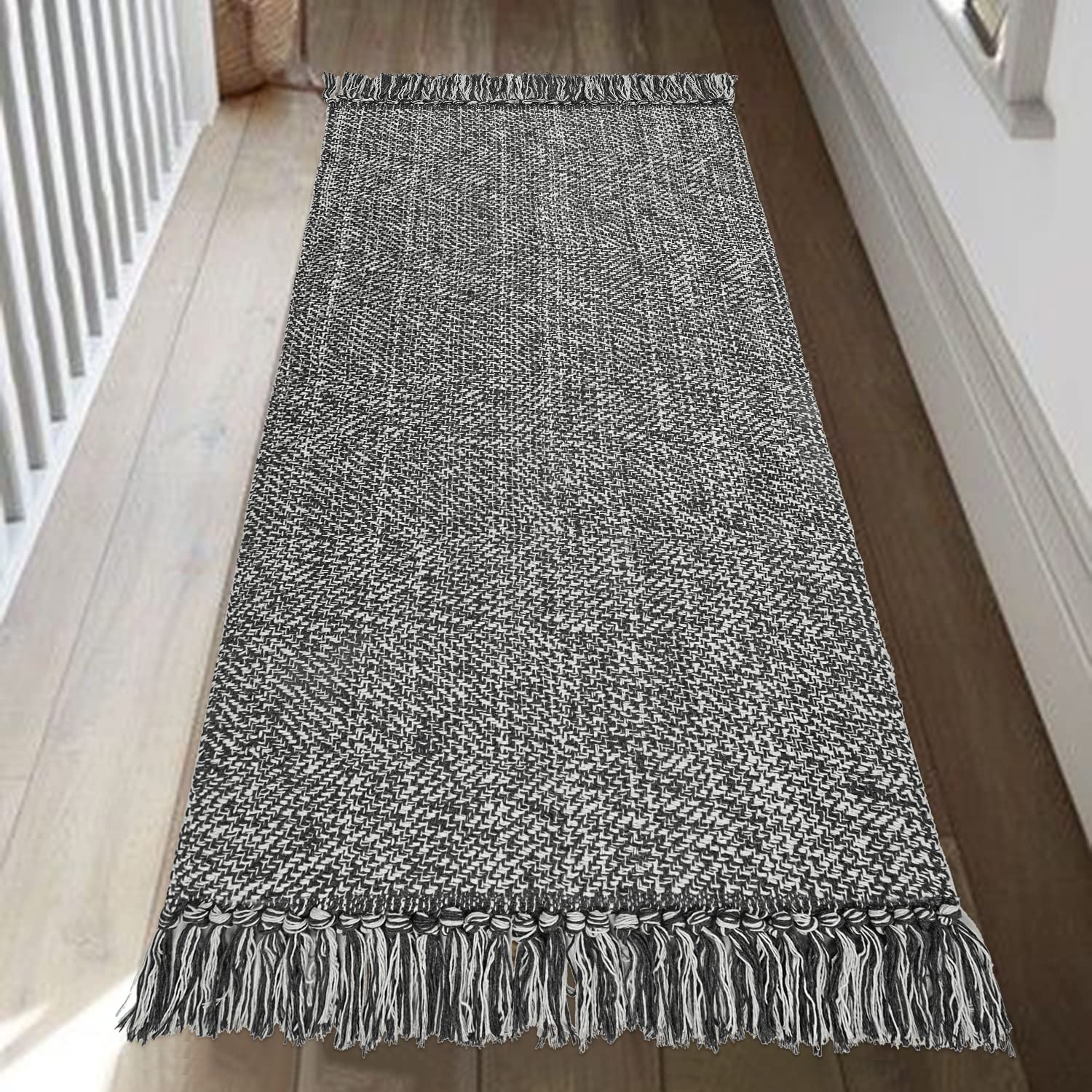 Collive Kitchen Runner Rug, 2 X 43 Hand-Woven Reversible Washable Rug, Grey Cotton Modern Farmhouse Bathroom Rug Hallway Carpet