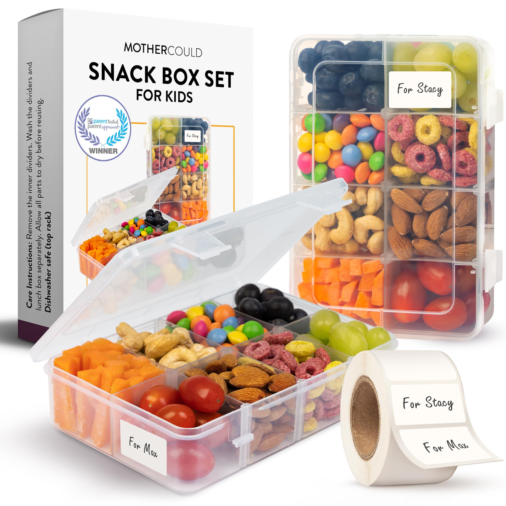 Snack Box Containers Set of 2-Reusable,100 Dissolvable Labels, 8 Adjustable Compartments, Dishwasher Safe, BPA-Free, Food Grade,