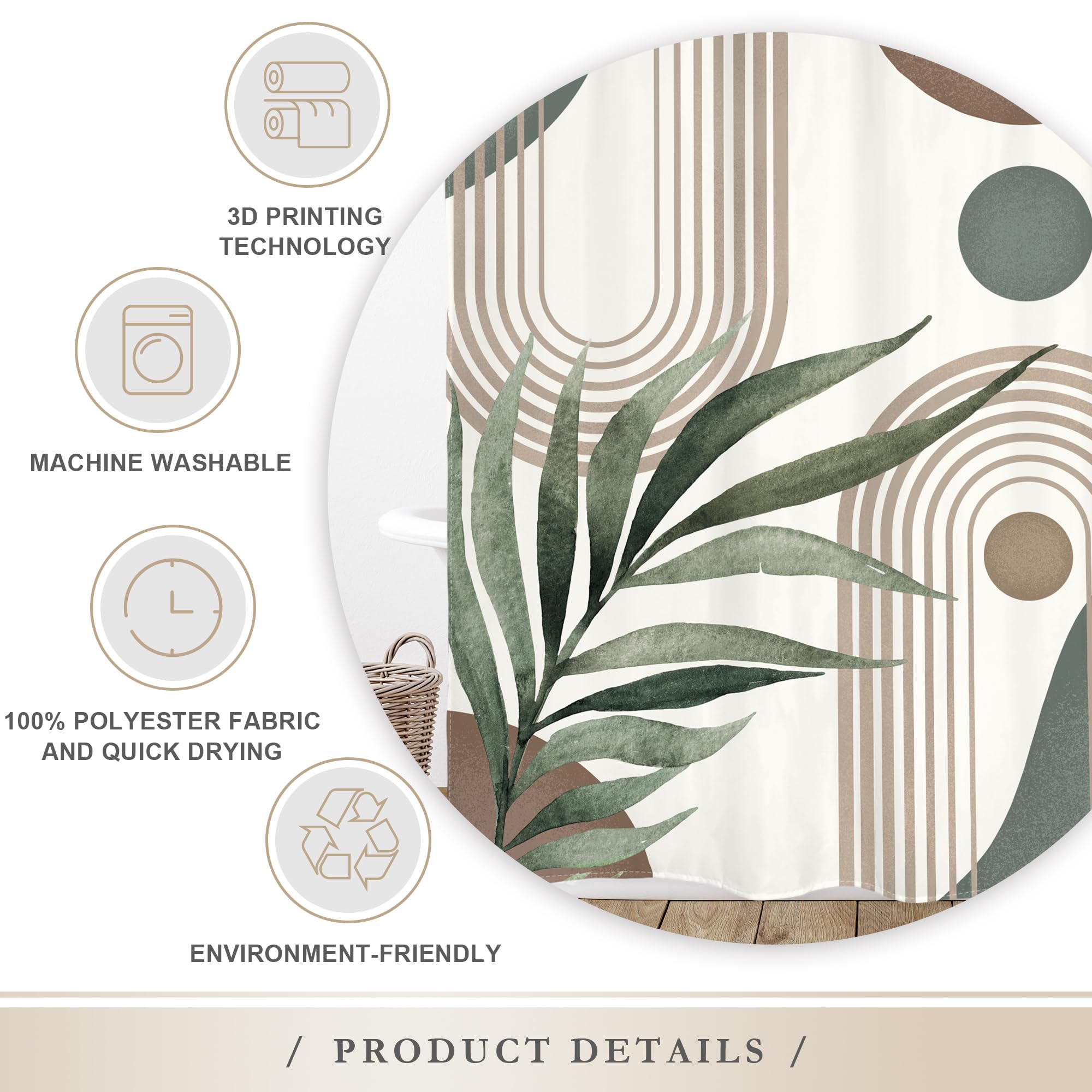 Glawry Boho Shower Curtain Extra Long Mid Century Abstract Plant Palm Leaves Modern Arch Bathroom Minimalist Geometric Aesthetic