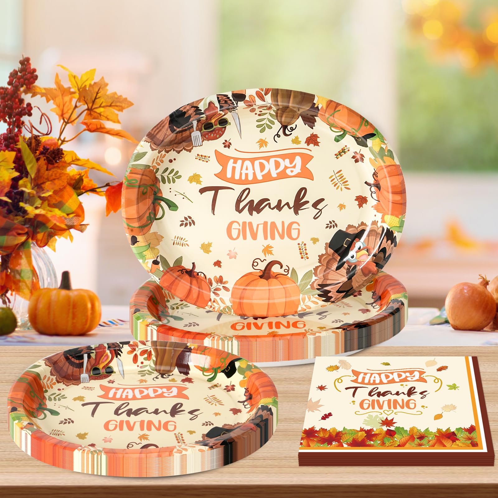 KTCNMER 50Pcs Thanksgiving Large 12 x 10 Oval Paper Plates and Napkins Disposable Heavy Duty Paper Plates and Napkins for Thanks