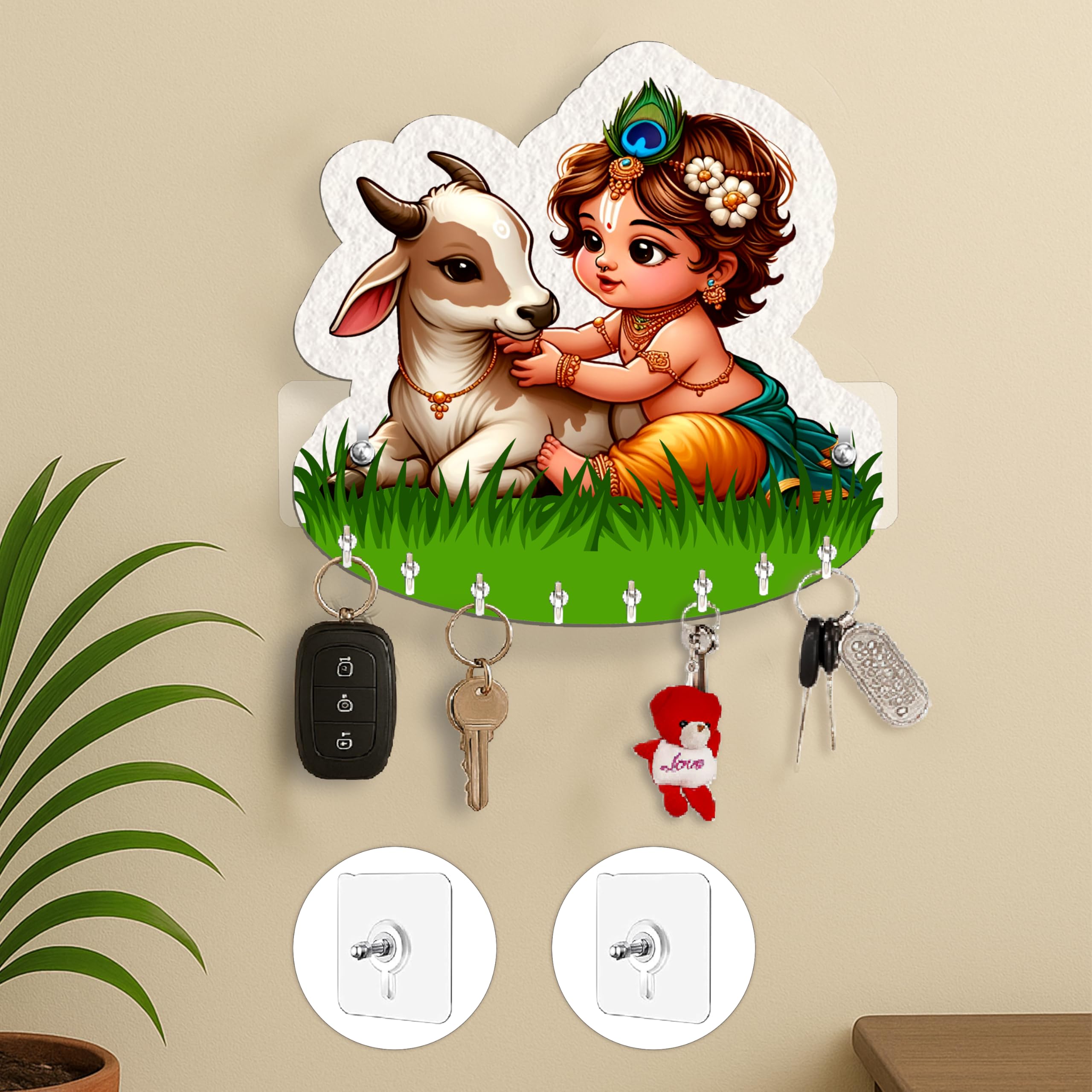 Rousrie Baby Krishna with Cow Key Holder, Brown Wooden Wall Mount Storage, 8 Hooks, Modern Decorative Design for Home Office