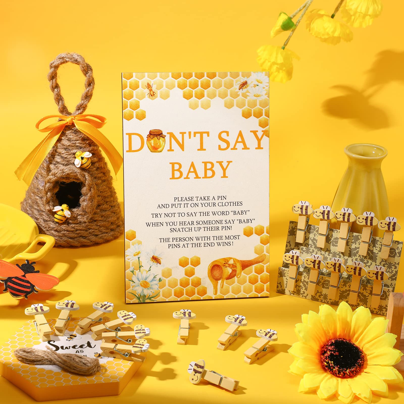Unittype 51 Pcs Don'T Say Baby Shower Game Supplies Include Bee Theme Baby Shower Sign And 50 Mini Bee Clothespins For Boys Girl