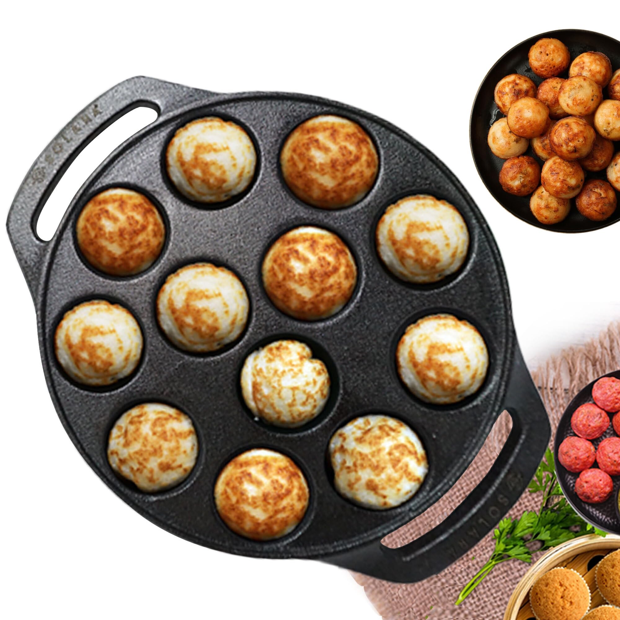 SOLARA Pre Seasoned Cast Iron Paniyaram Pan 12 Cavities 8 Inch, 20 cm Appam Patra, Paniyarakkal Pan for Appe, Gunta Ponganalu, P