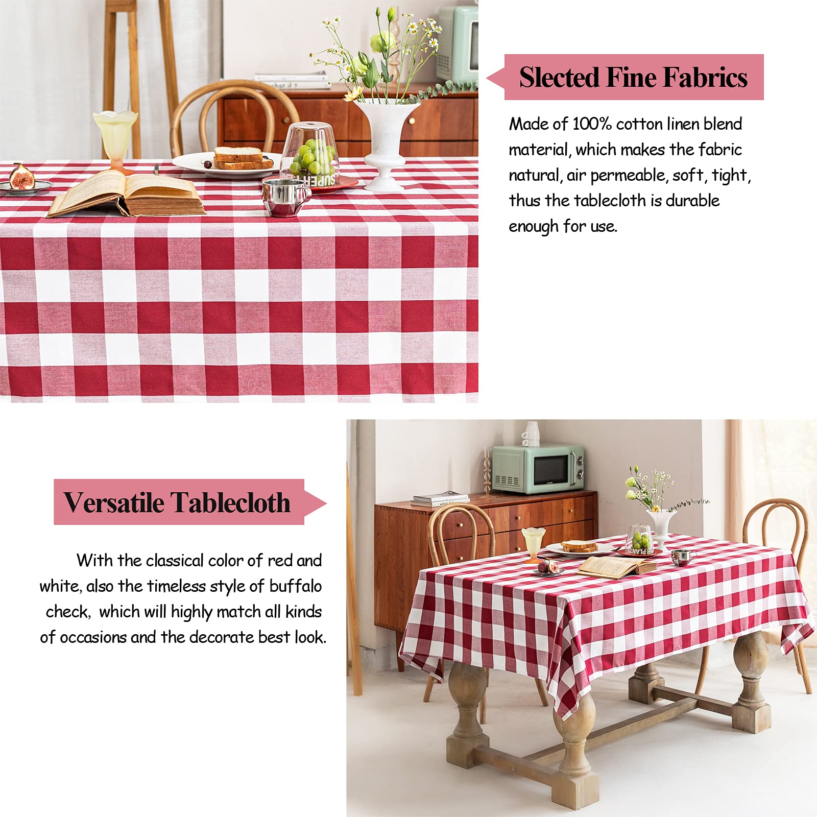 Wracra Cotton Checkered Tablecloths Buffalo Plaid Rectangle Table Cloth Waterproof Washable Wrinkle Free Anti-Fading Outdoor & I