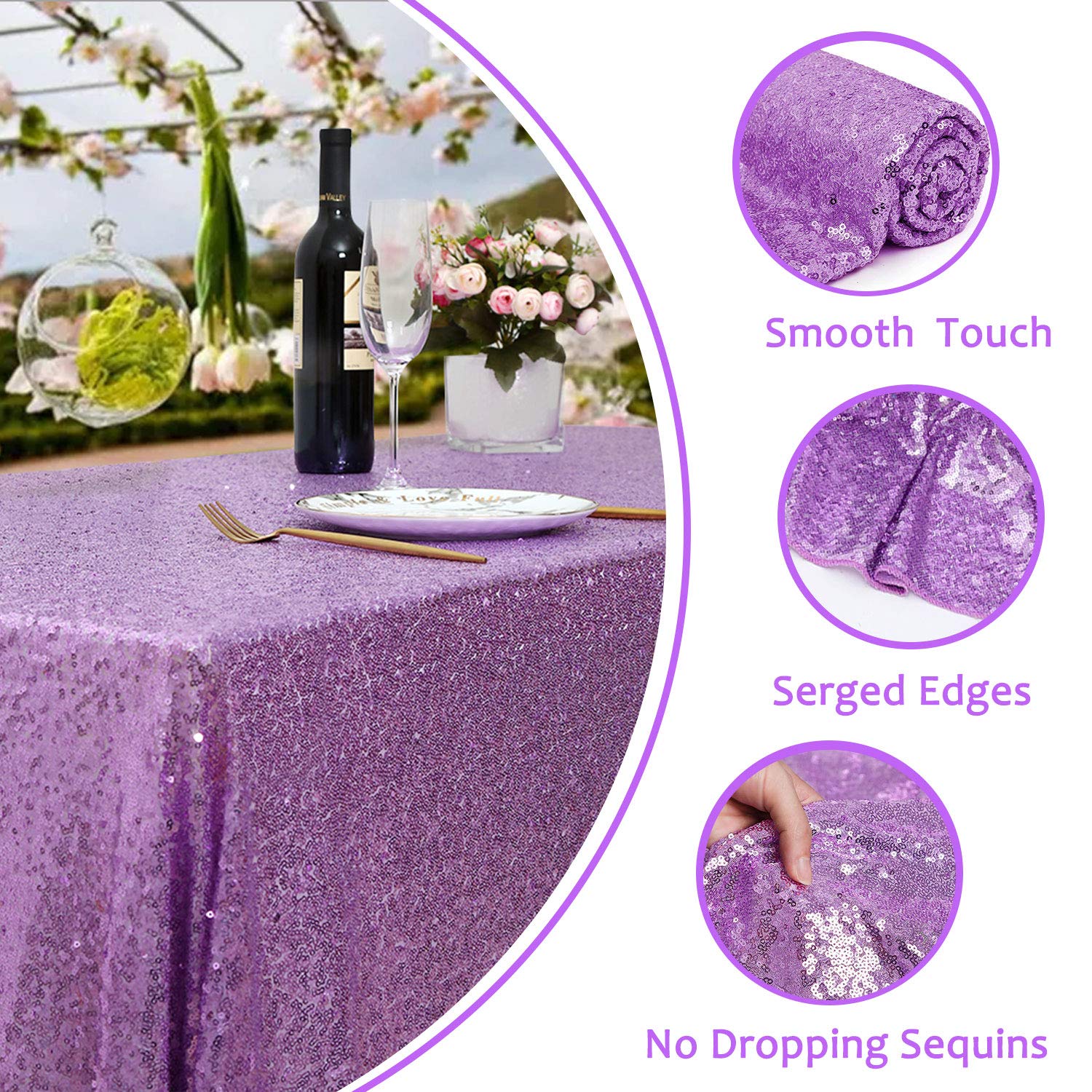 Queendream Sparkly Sequin Tablecloth - Light Purple Table Cloth 50X80 Inches Rectangle Table Overlay Fabric For Birthday Parties