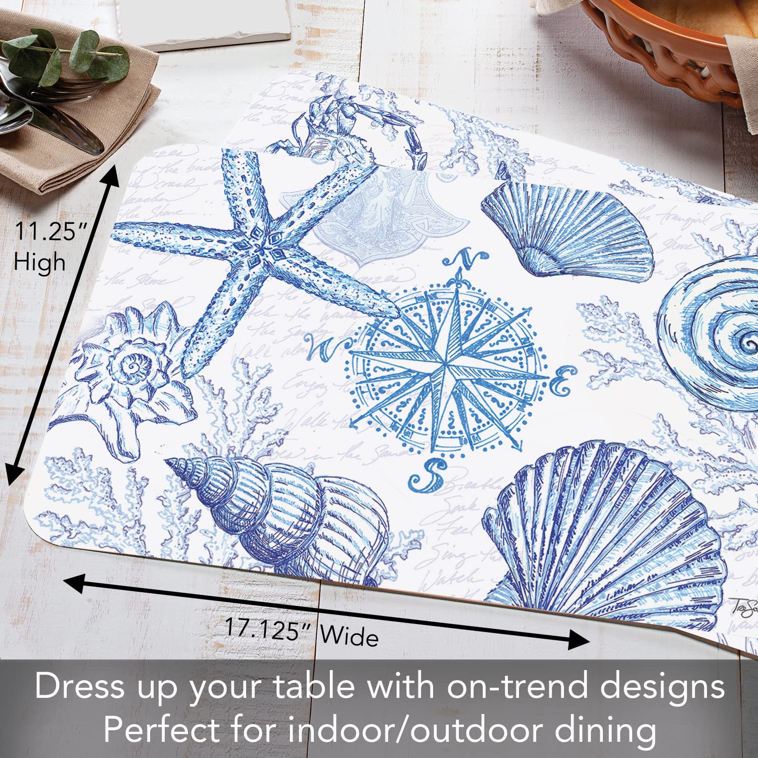Counterart Coastal Sketch 4 Pack Reversible Easy Care Flexible Plastic Placemats Made In The Usa Bpa Free Pvc Free Easily Wipes