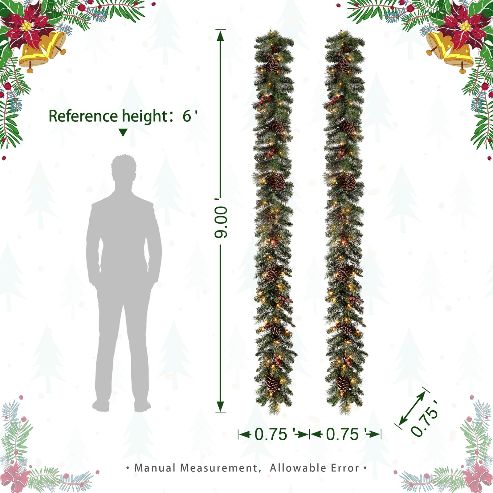 Glitzhome 2PK 9ft Prelit Christmas Garlands, Glittered Greenery Garlands Artificial Pine Garlands with Pine Cones Berries, Chris
