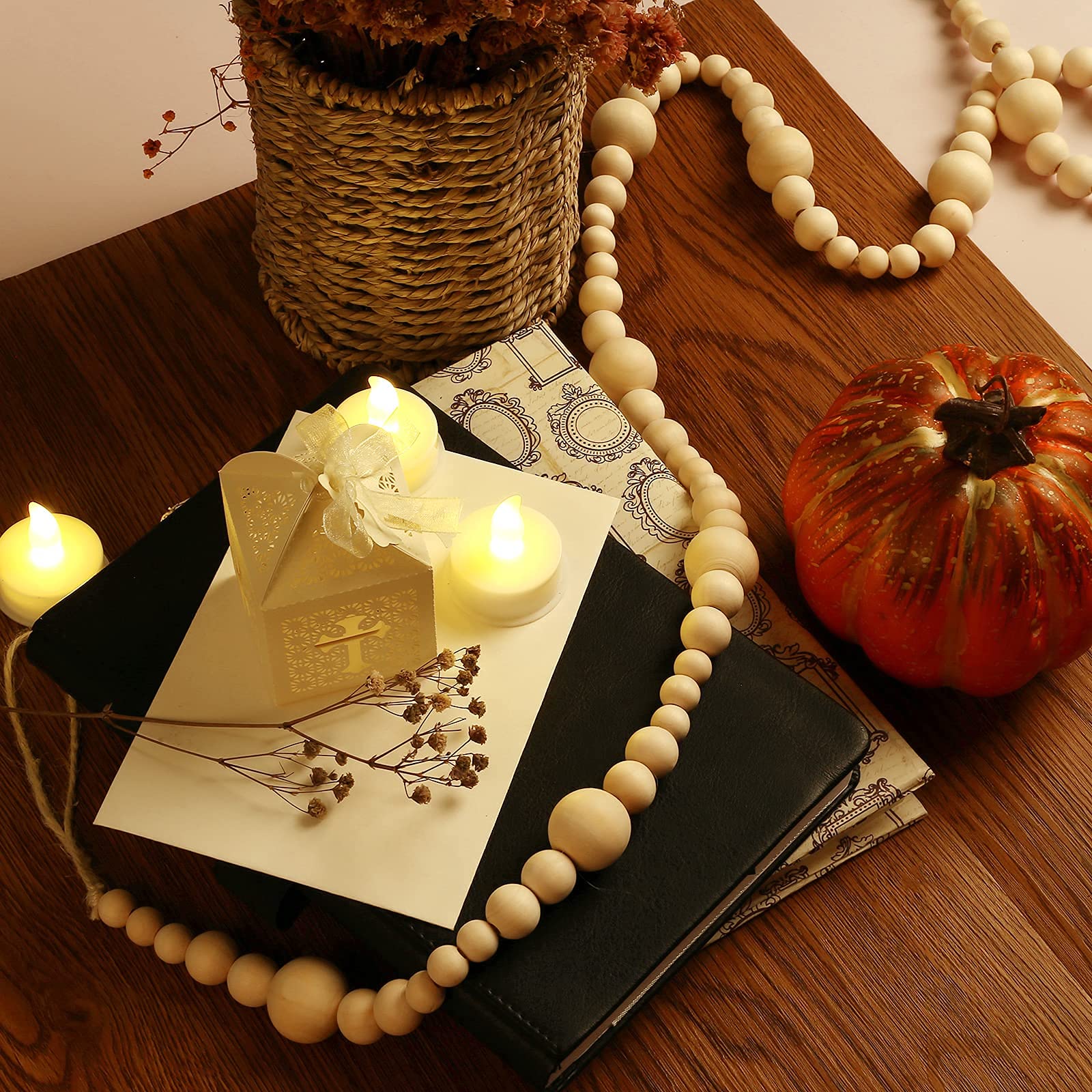 GWHOLE 7.2 Ft Christmas Wooden Bead Garland Boho Natural Prayer Beads for Christmas Tree Mantel Table Modern Farmhouse Home Rust