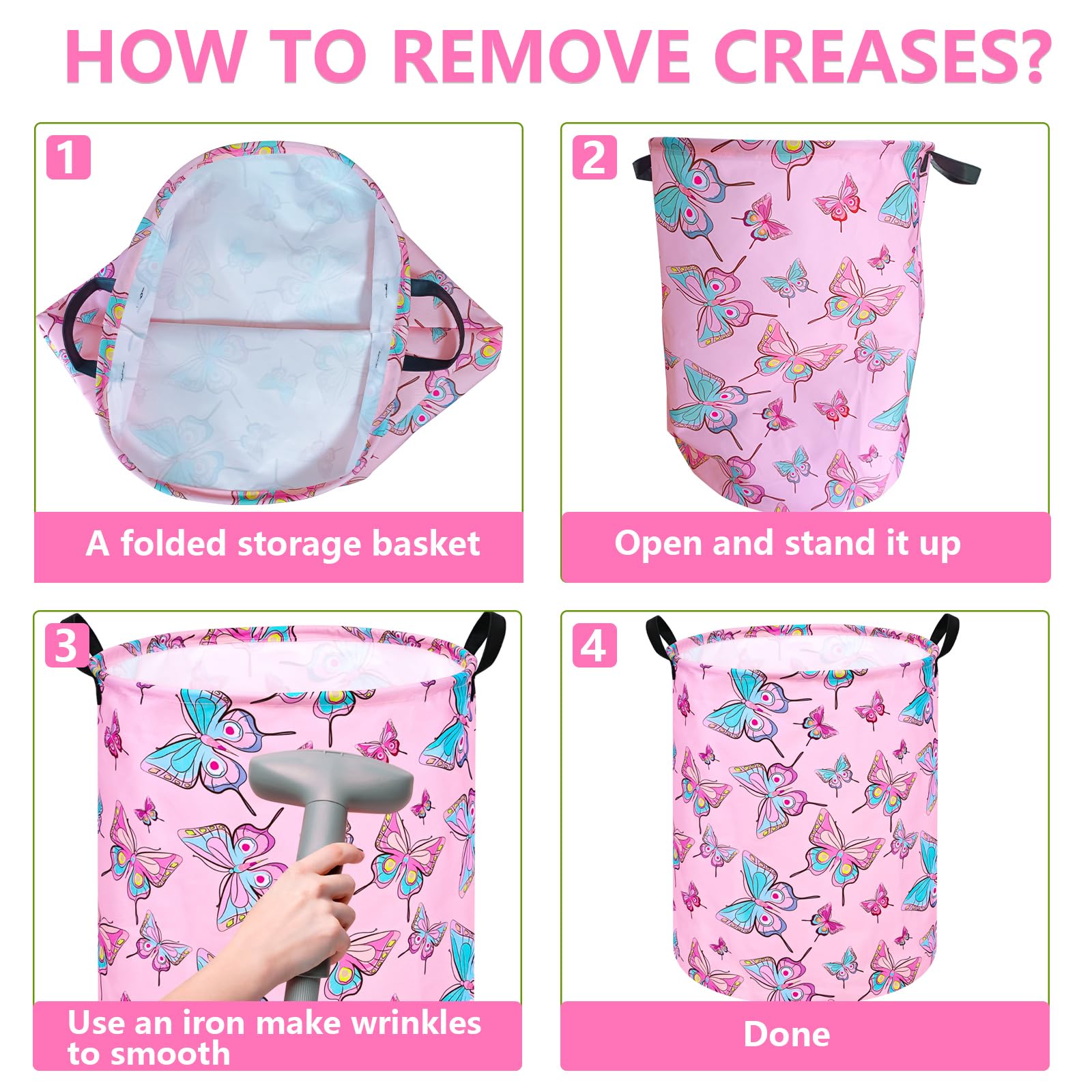 Girls Storage Basket With Pe Waterproof Lining Cute Pink Butterfly Print Foldable Hamper 15.7D X 19.7H - Collapsible Laundry Ham