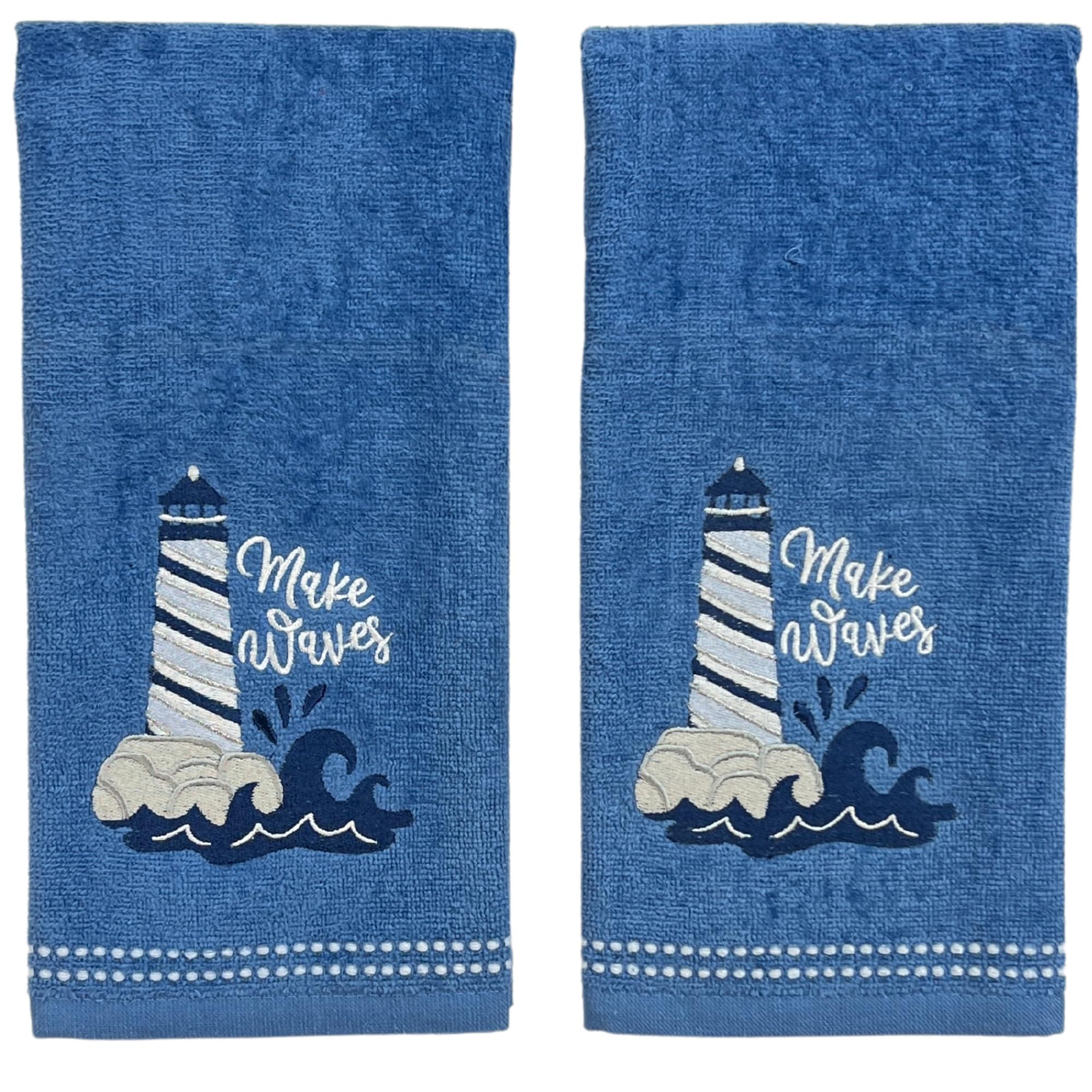 Serafina Home Coastal Lighthouse Bath Hand Towels, Embroidered Make Waves Lighthouse Waves 16 X 25 Inches, 2 Piece Set, Blue