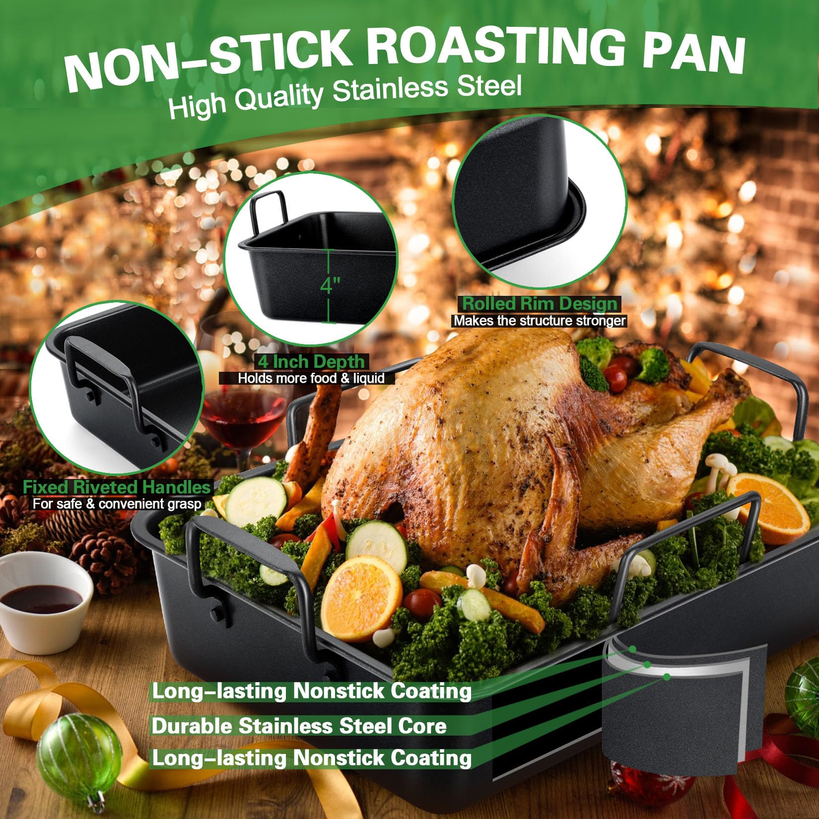 Joyfair 15.3 Nonstick Roasting Pan With Rack Set, Heavy Duty Large Roaster Pan For Turkey Chicken Rid Beef, Including Flat Rack/