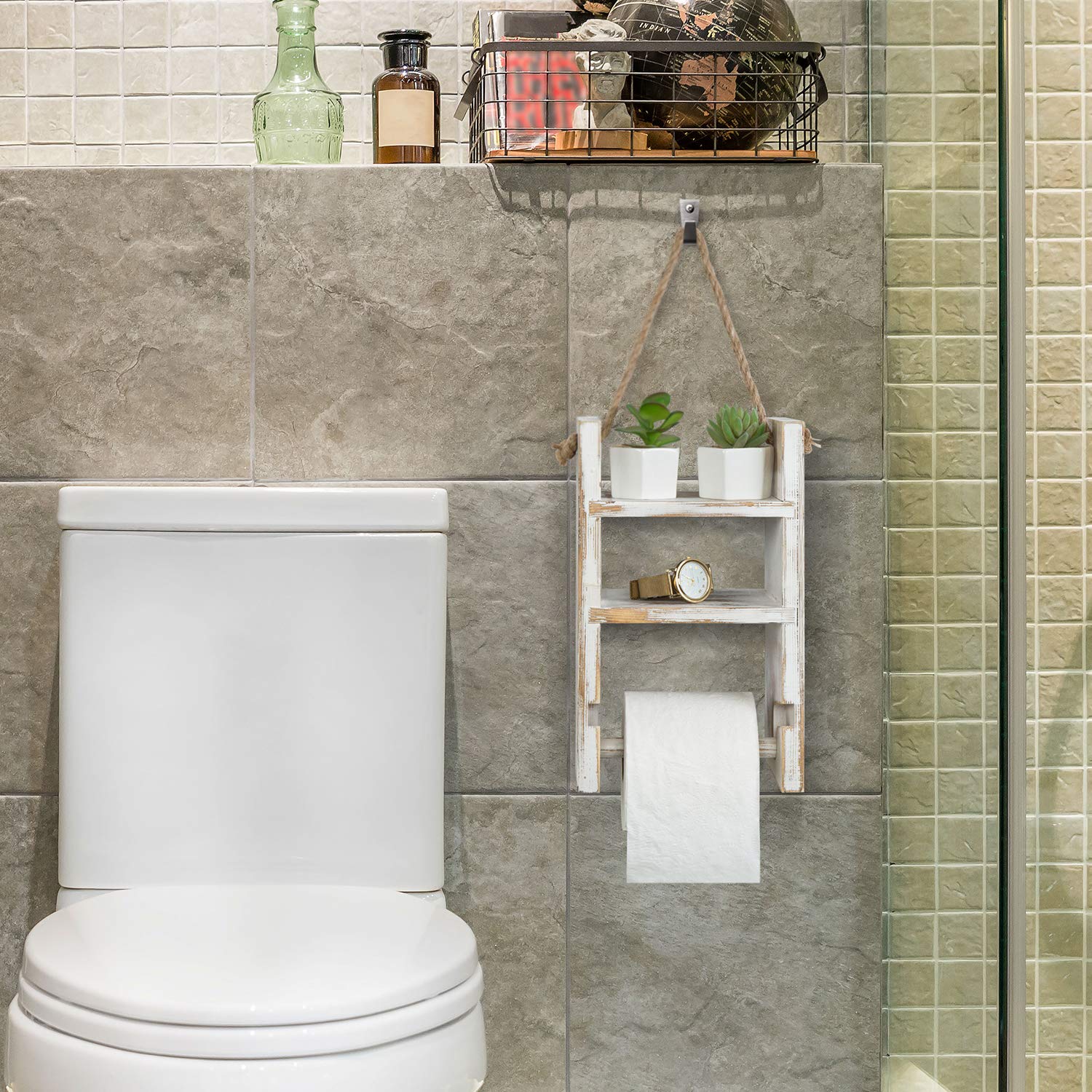 Mygift 2-Tier Hanging Whitewashed Wood Ladder Shelf And Toilet Paper Holder With Rustic Rope