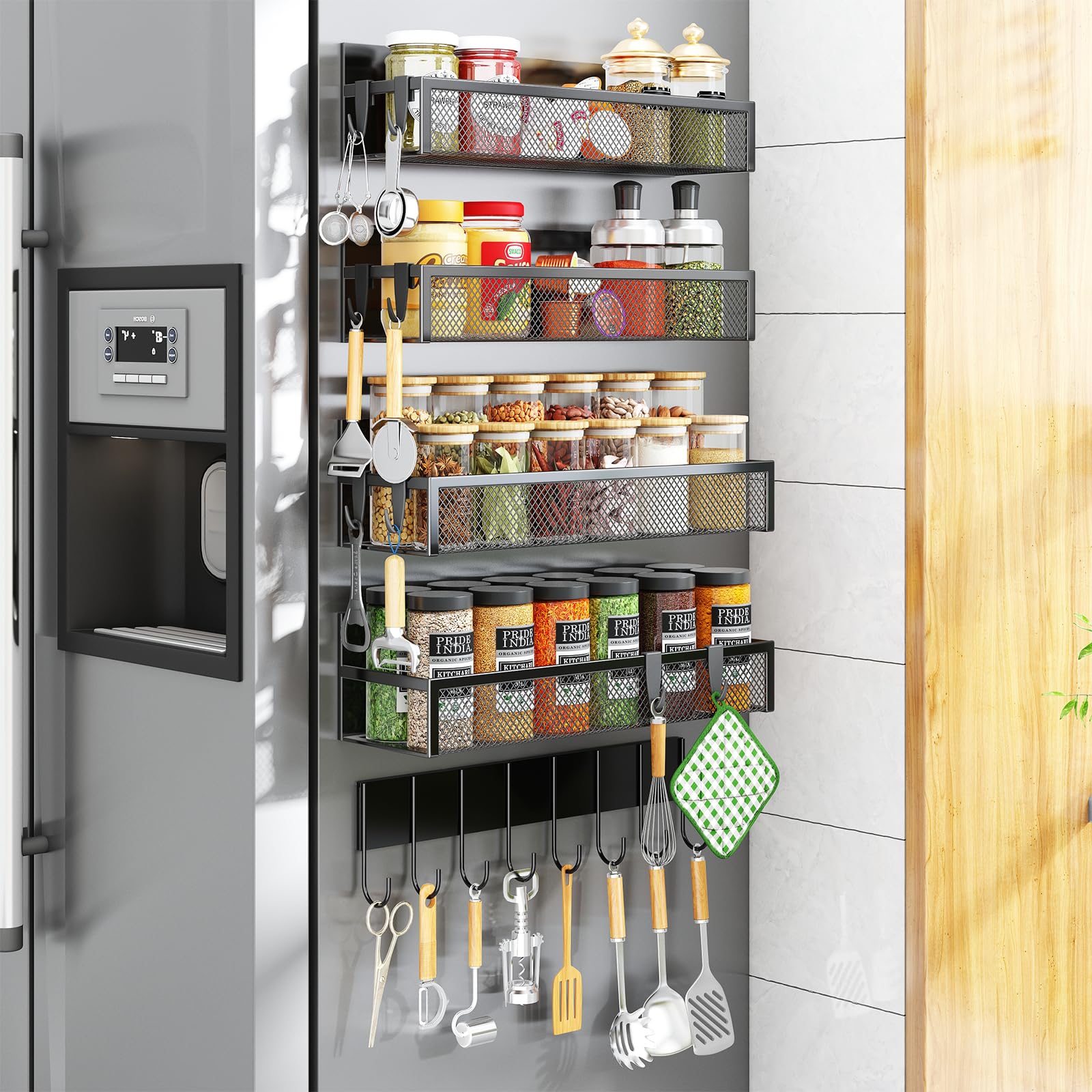 Aufworld Magnetic Spice Rack for Refrigerator, 5 Pack Magnetic Shelf, Moveable Magnetic Fridge Organizer with an 8-Hook Rack, Se