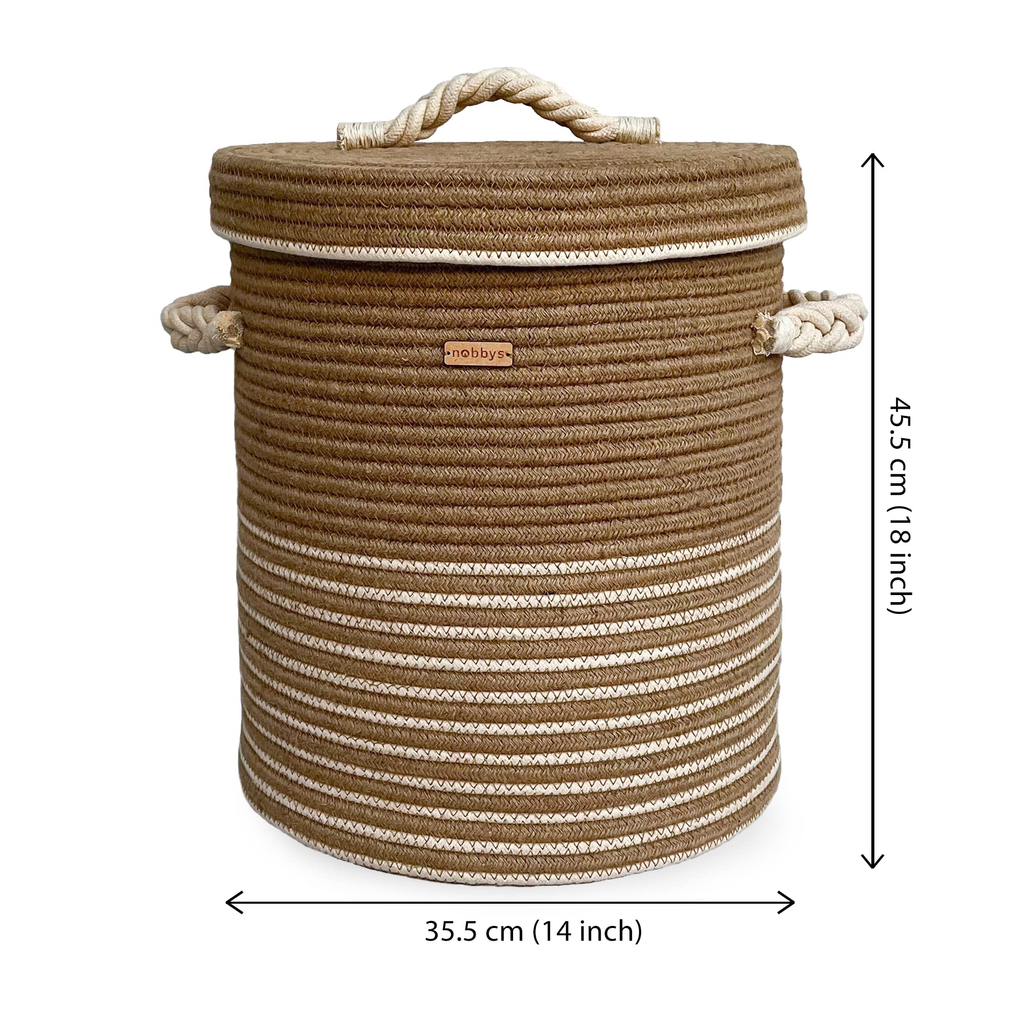 Nobbys Jute Cotton Striped Laundry Basket with Lid (14D x 18H) - 45 Litres,multicolour