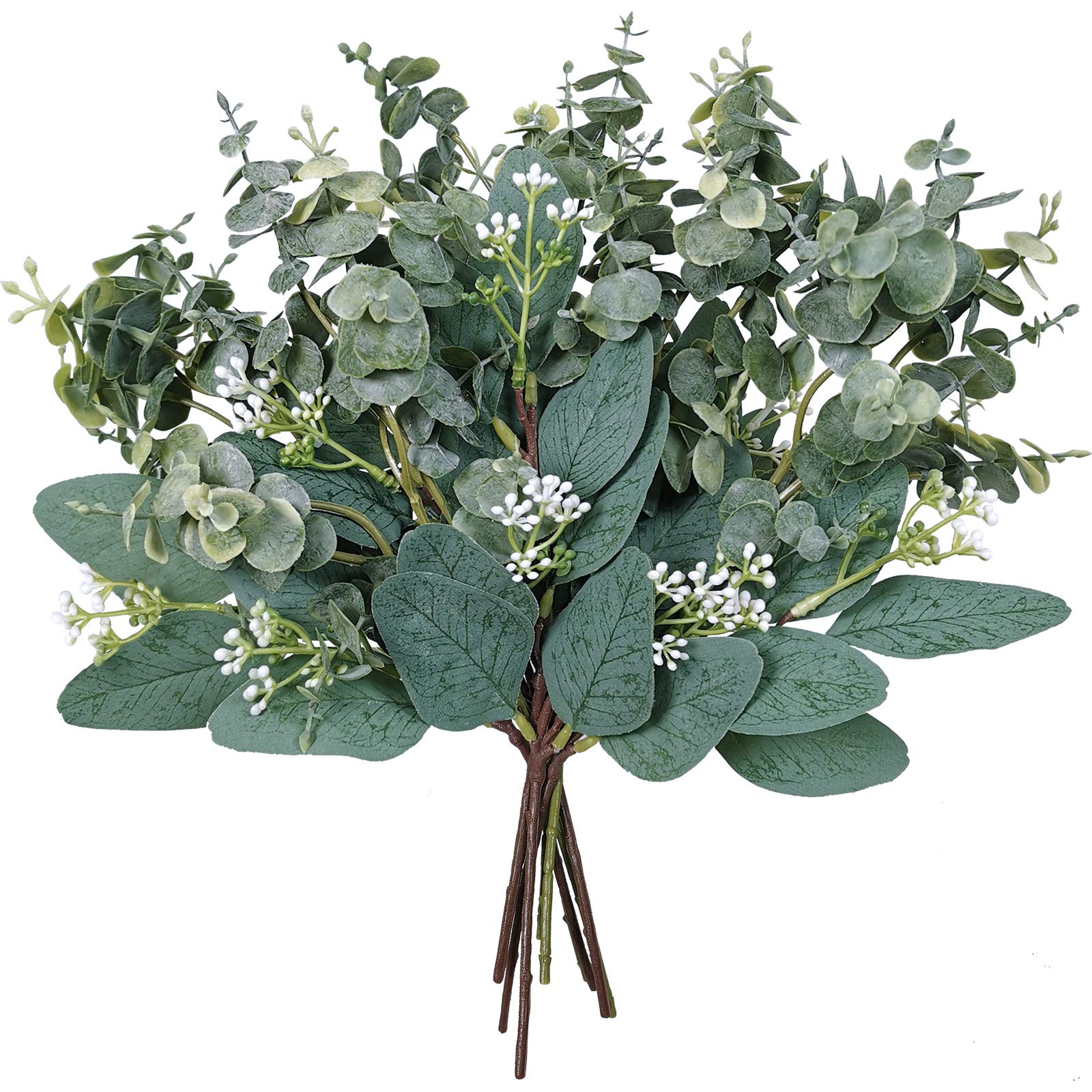 Mixed Eucalyptus Leaves Stems Bulk Artificial Eucalyptus Leaves Sprays Faux Oval Eucalyptus Leaves with White Seeds Stems for Fl