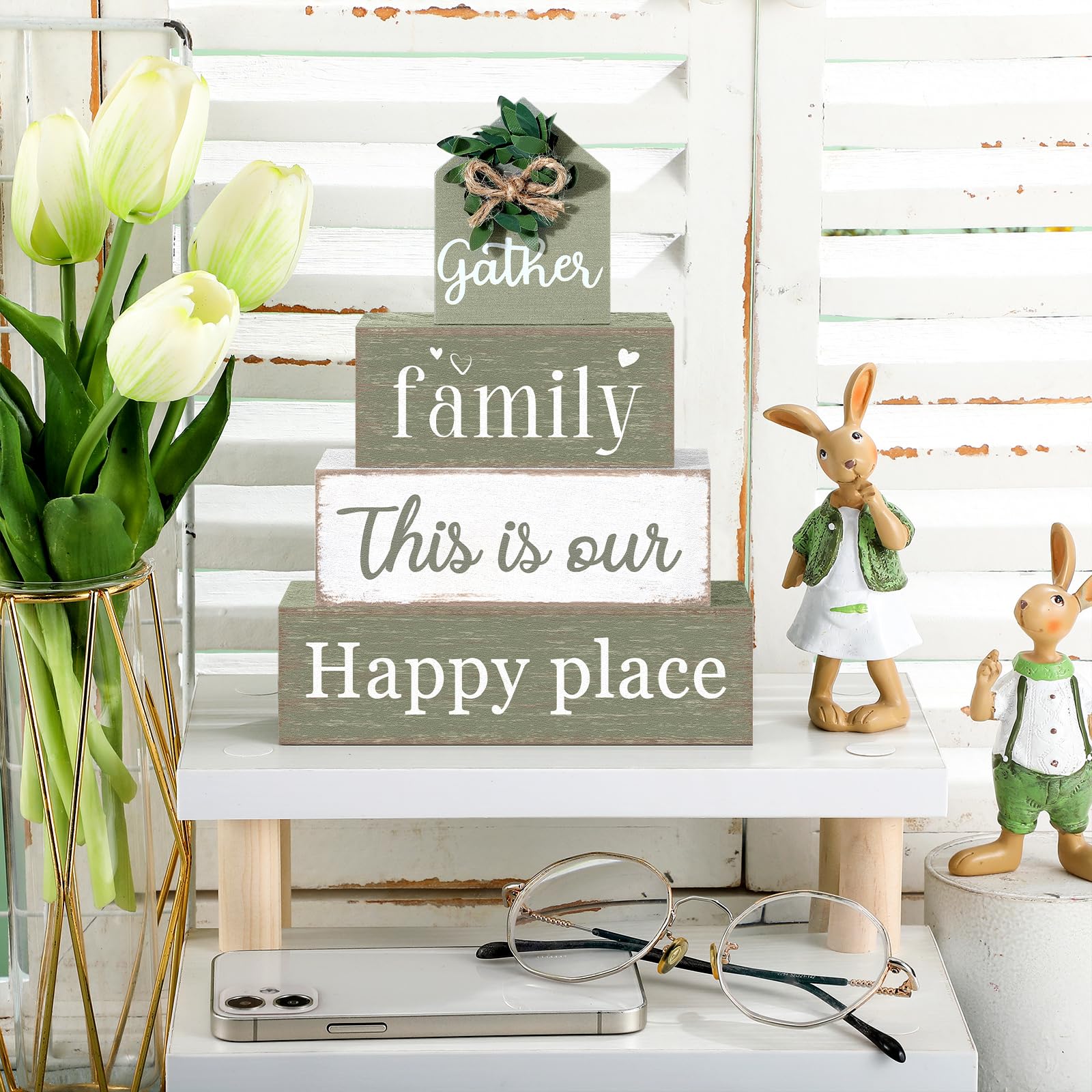 Cinnvoice Farmhouse Table Decor Eucalyptus Leaves Wooden Block Sign Gift Gather Family This Is Our Happy Place Tabletop Centerpi