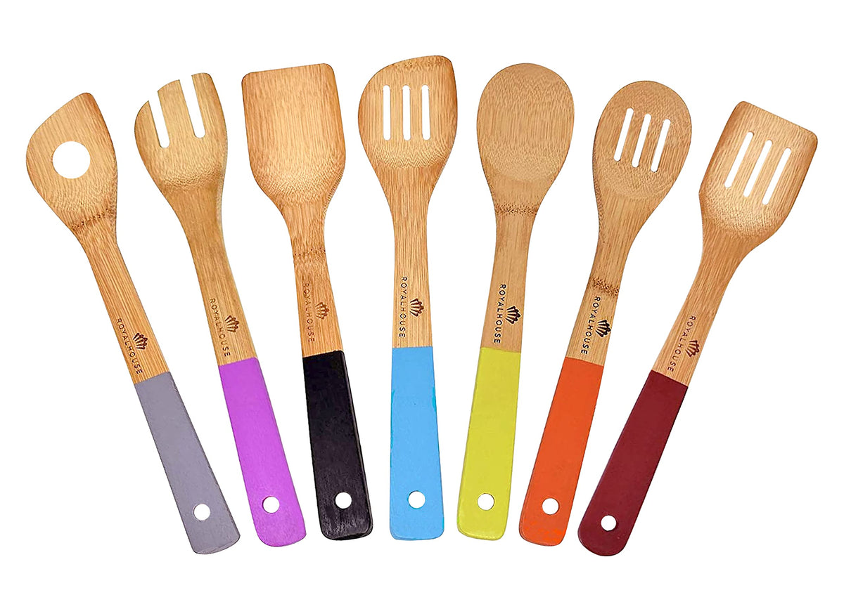 Royalhouse Wooden Kitchen Utensils Set, 7 Piece Bamboo Cooking Tools, Cooking Spoons And Spatulas With Colored Handles, Non-Stic