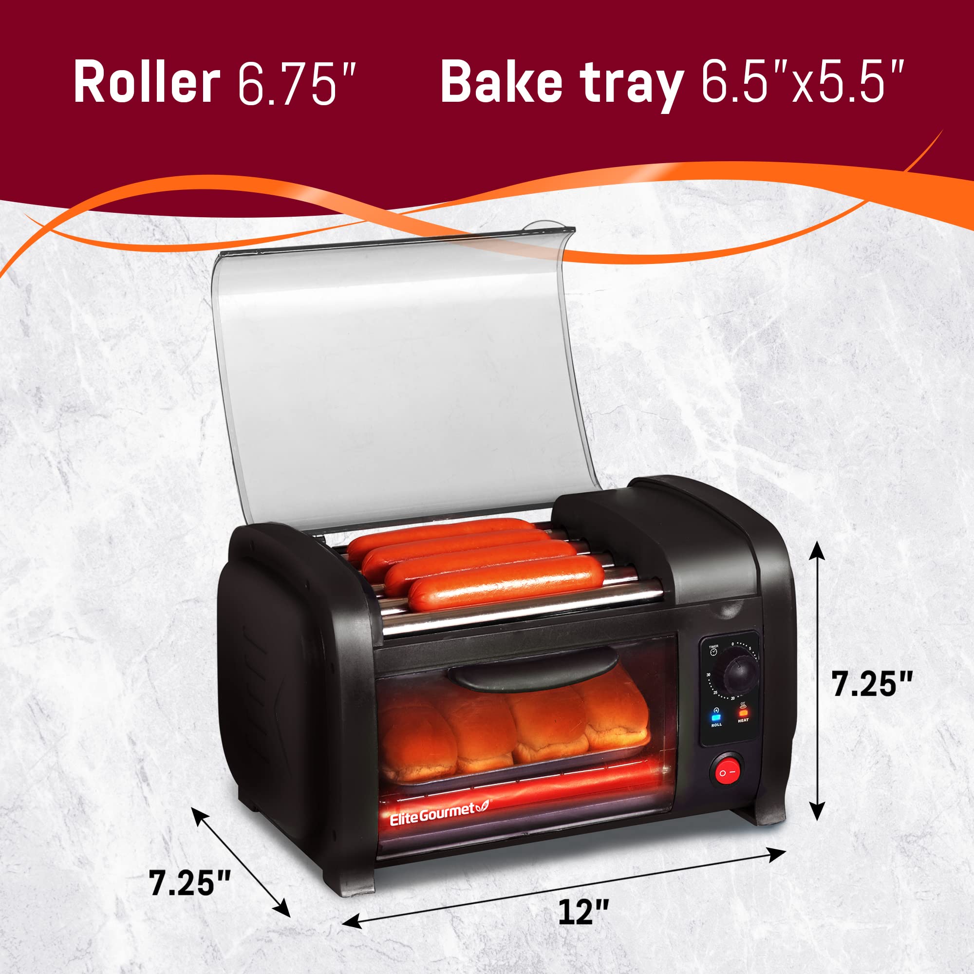 Elite Gourmet Ehd-051B Hot Dog Toaster Oven, 30-Min Timer, Stainless Steel Heat Rollers Bake & Crumb Tray, World Series Baseball