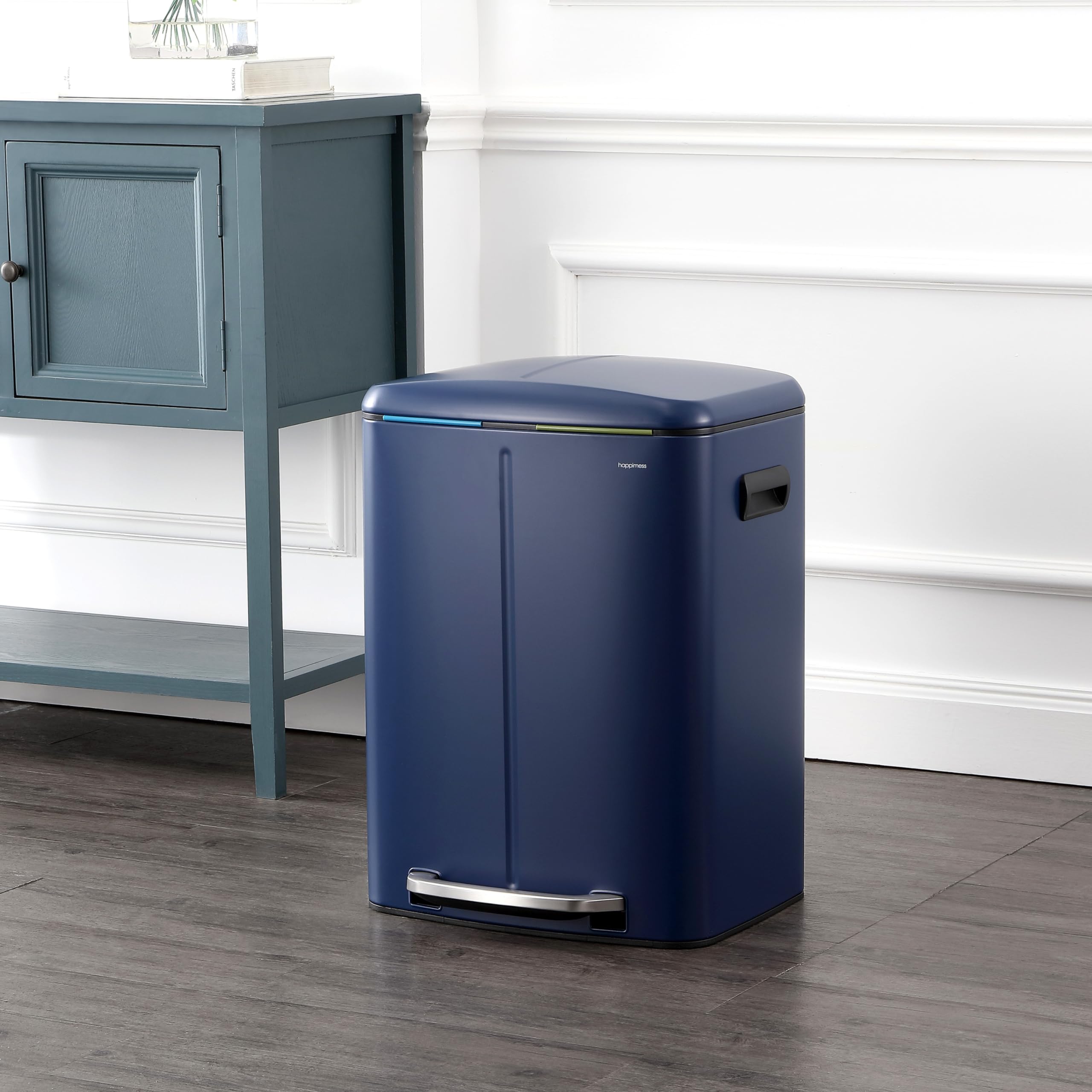 Happimess Hpm1005J Marco Rectangular 10.6-Gallon Double Bucket Trash Can With Soft-Close Lid, Denim Blue,With Soft-Close Lid, Mo