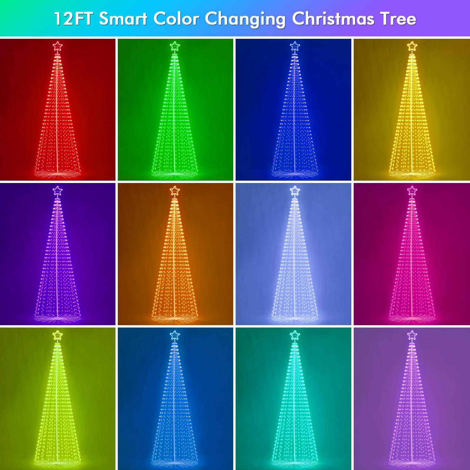 HOLILLUMA 12FT Outdoor Christmas Tree, RGB Color Changing Pre-lit Smart Cone Christmas Tree with LED Lights, App&Remote Control,