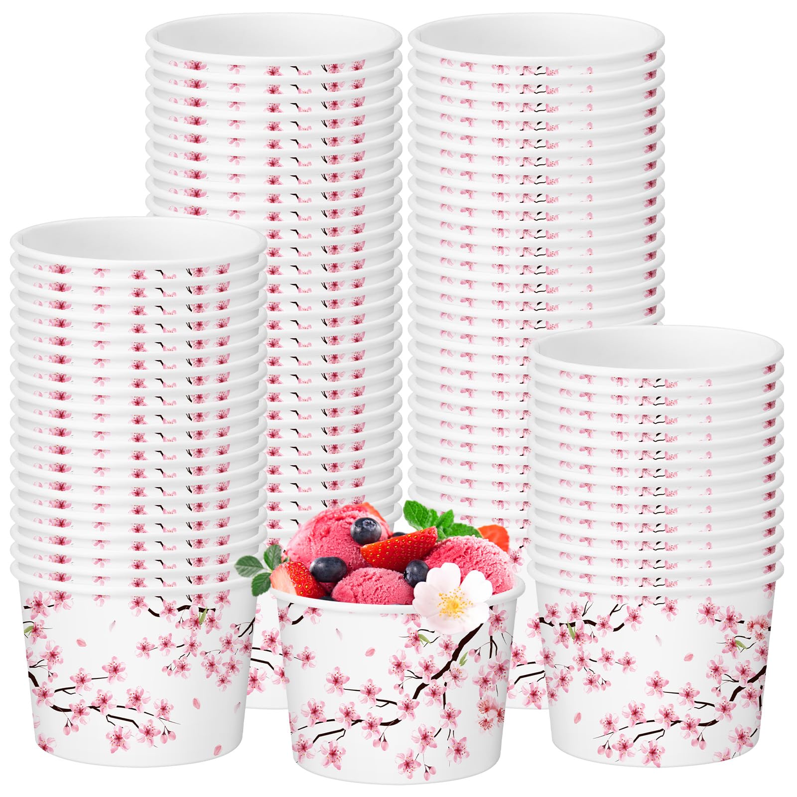 Funnymoom 50 Pack Cherry Blossom Ice Cream Cups 9 oz Cherry Blossom Disposable Dessert Bowls Pink Floral Paper Soup Bowl Sakura 