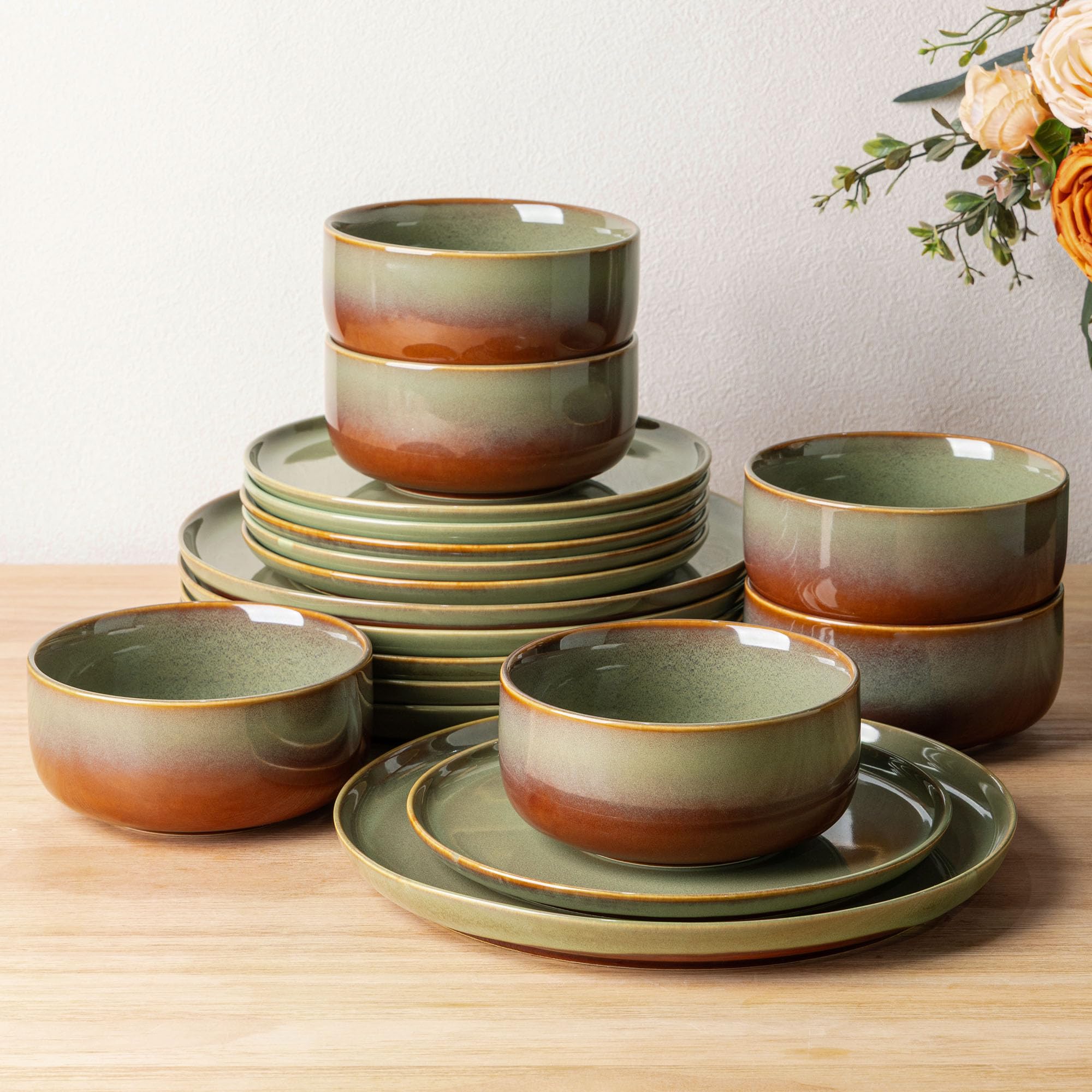 TheTerra Ceramic Dinnerware Sets for 6, 18 Pieces Handmade Reactive Glaze Plates and Bowls Set, Scratch Resistant Dish Set, Oven