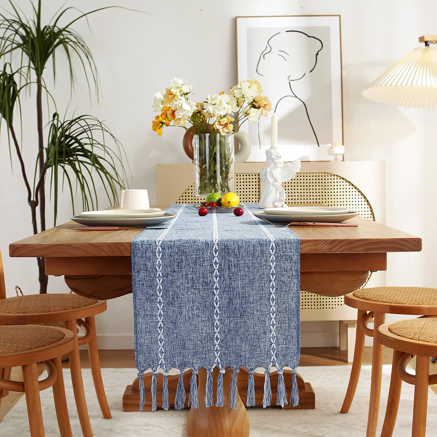 Chassic Rustic Farmhouse Style Linen Table Runner, Boho Handmade Tassel Embroidery Table Runners 108 Inches Long For Holiday Par